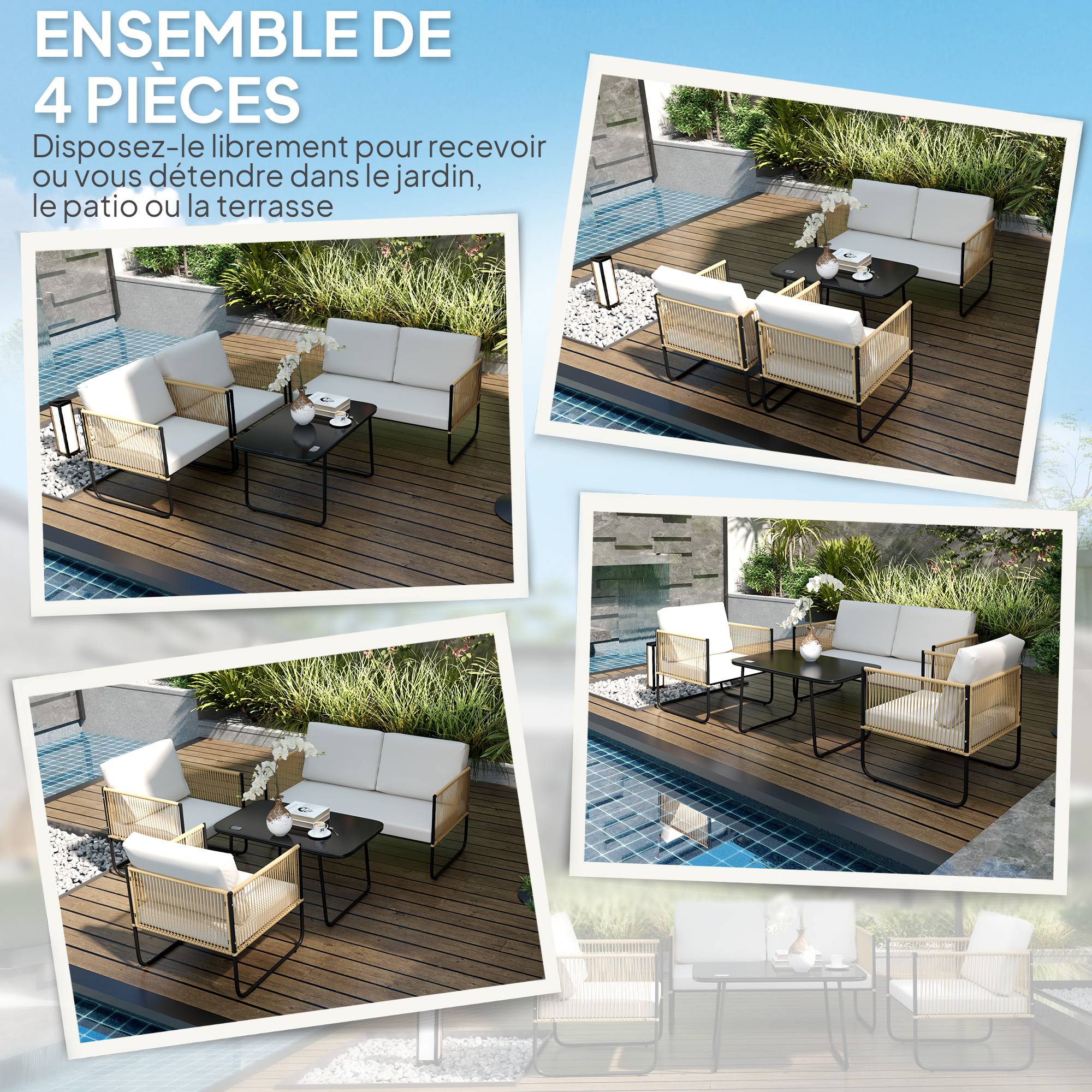 Salon de jardin 4 pièces avec canapé 2 places, 2 fauteuils, 1 table basse en verre et coussins – crème blanc - Image 6