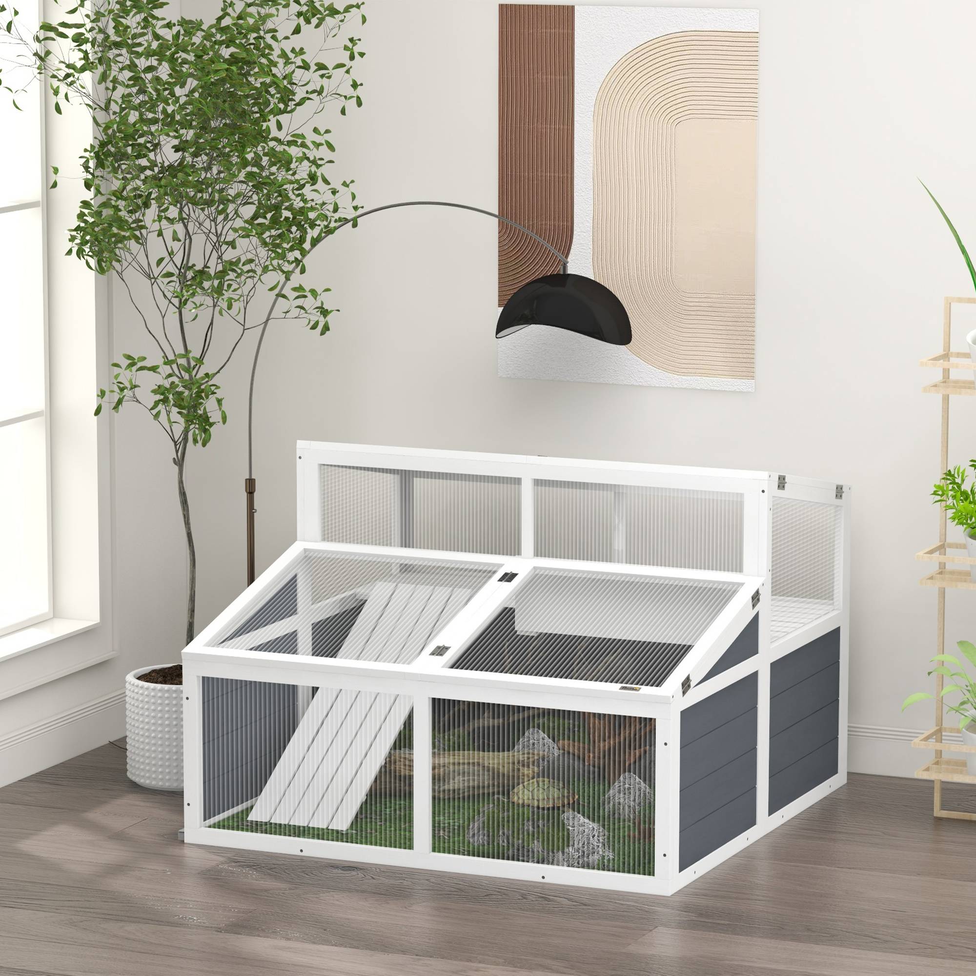Maison enclos cage pour petit animal tortue avec 2 espaces toit en polycarbonate 3 portes rampe 115 x 115 x 82 cm gris - Image 3