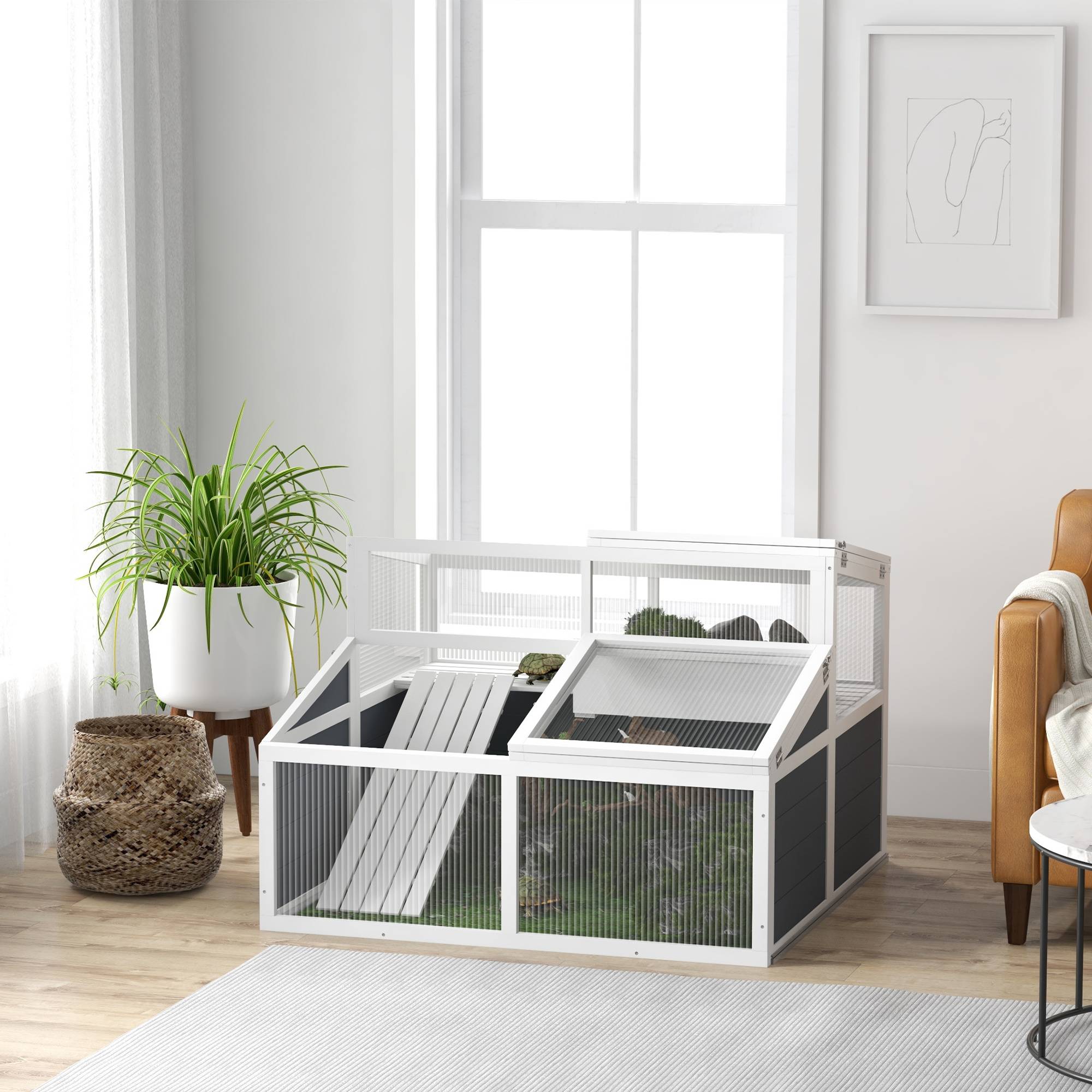 Maison enclos cage pour petit animal tortue avec 2 espaces toit en polycarbonate 3 portes rampe 115 x 115 x 82 cm gris - Image 4