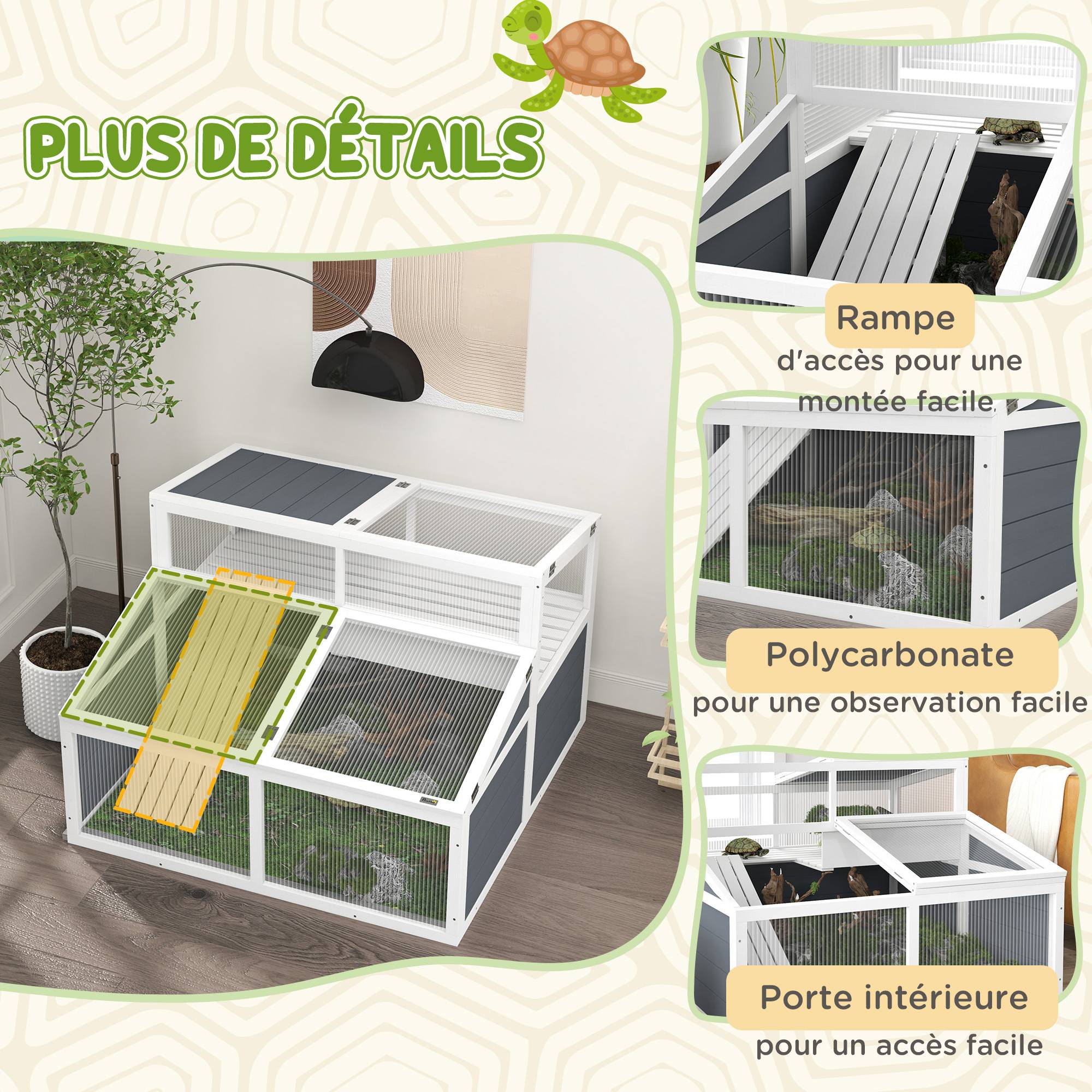 Maison enclos cage pour petit animal tortue avec 2 espaces toit en polycarbonate 3 portes rampe 115 x 115 x 82 cm gris - Image 9
