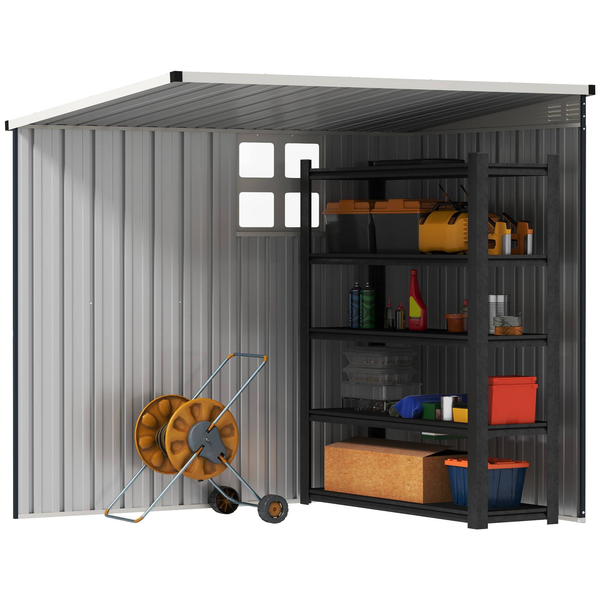 ComfortXL - Abri de jardin adossé acier galvanisé 193 x 128 x 181 cm gris foncé fenêtre ventilation porte verrouillable - Image 10