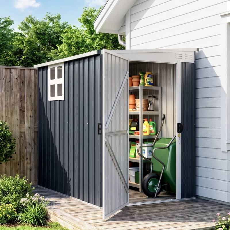 ComfortXL - Abri de jardin adossé acier galvanisé 193 x 128 x 181 cm gris foncé fenêtre ventilation porte verrouillable