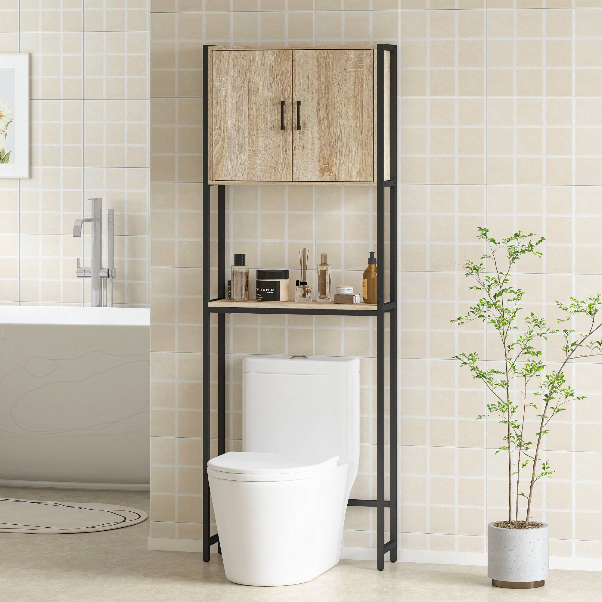Sans Marque - Meuble WC 2 portes étagère réglable étagère ouverte petits espaces 64x19x178 cm naturel - Image 4