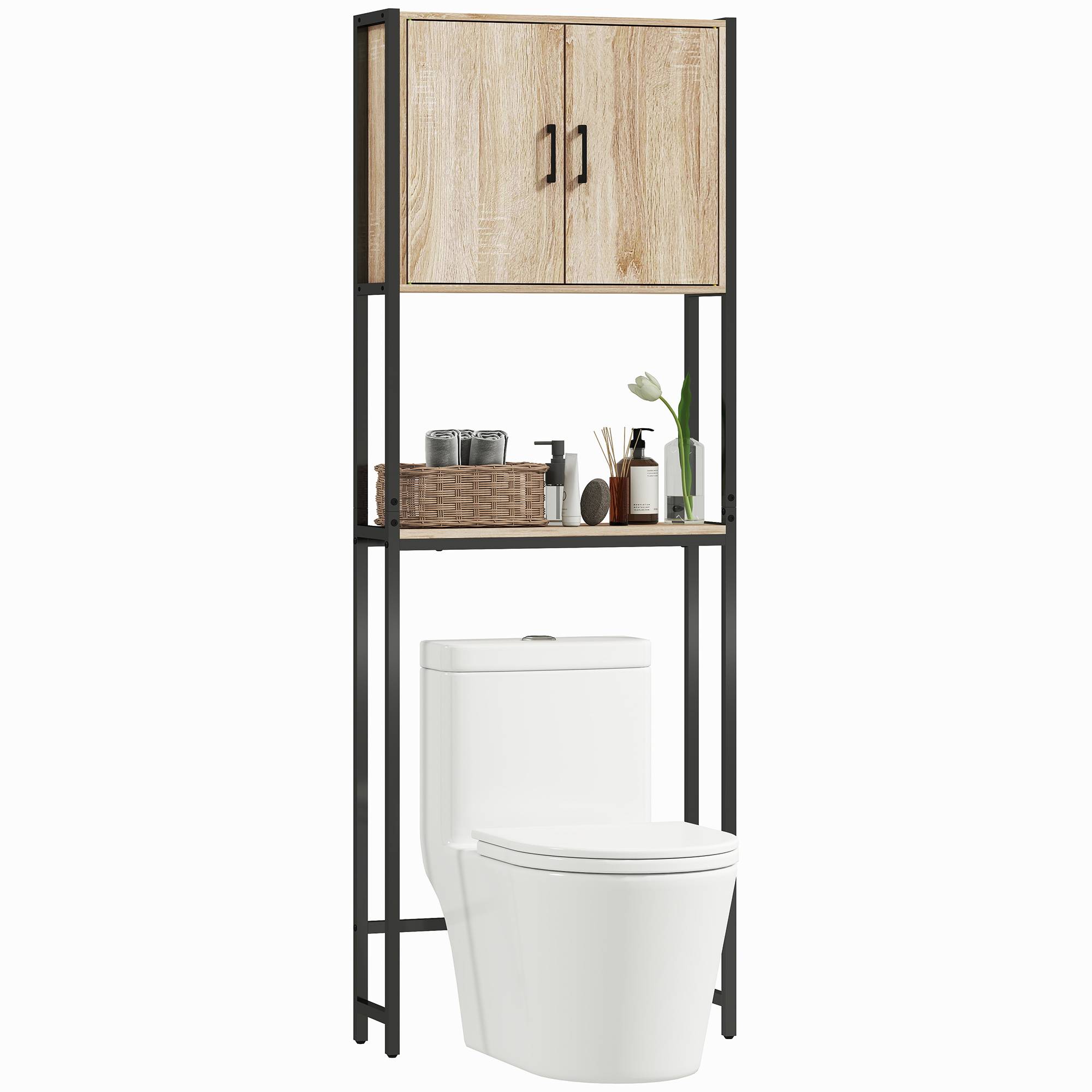 Sans Marque - Meuble WC 2 portes étagère réglable étagère ouverte petits espaces 64x19x178 cm naturel - Image 1