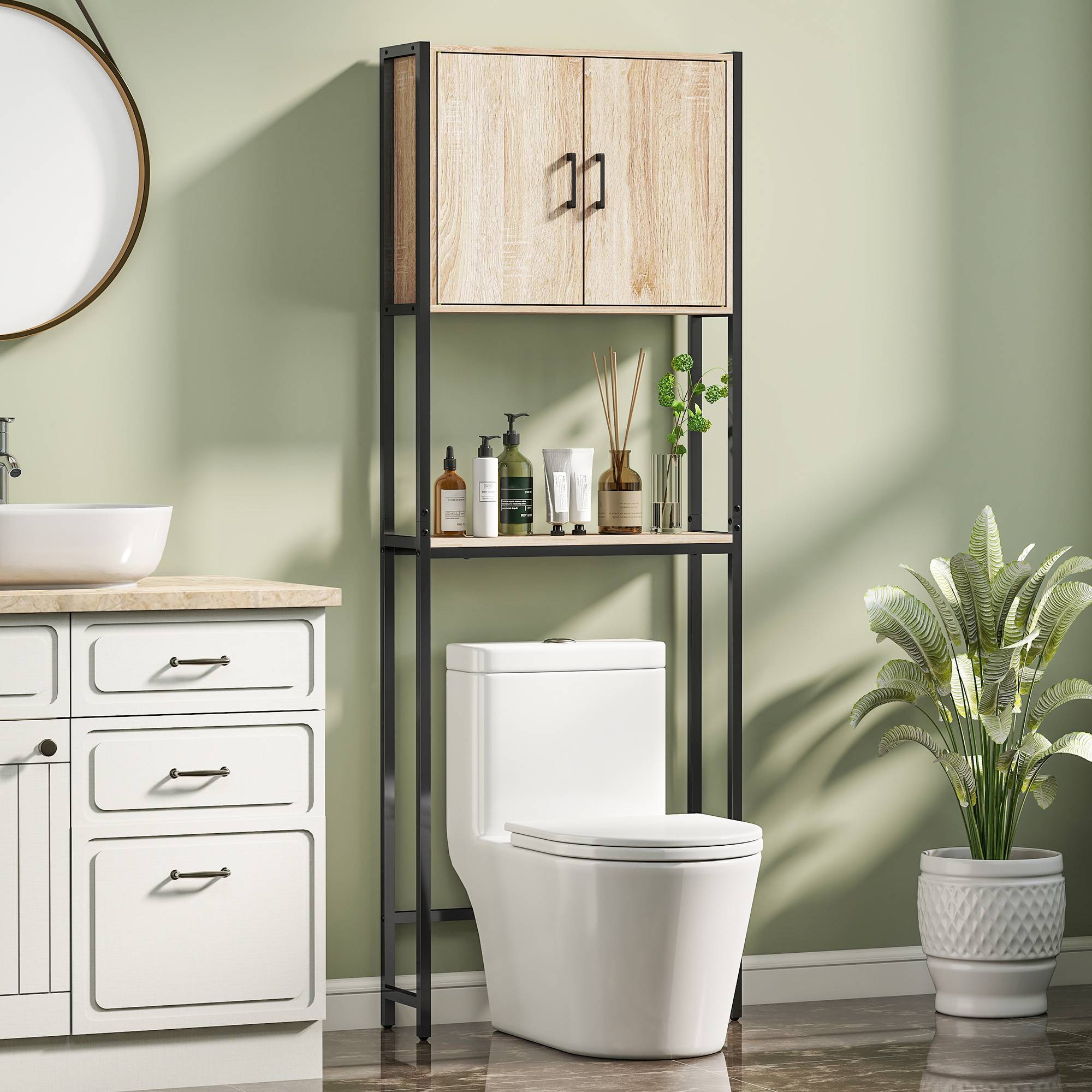 Sans Marque - Meuble WC 2 portes étagère réglable étagère ouverte petits espaces 64x19x178 cm naturel - Image 3