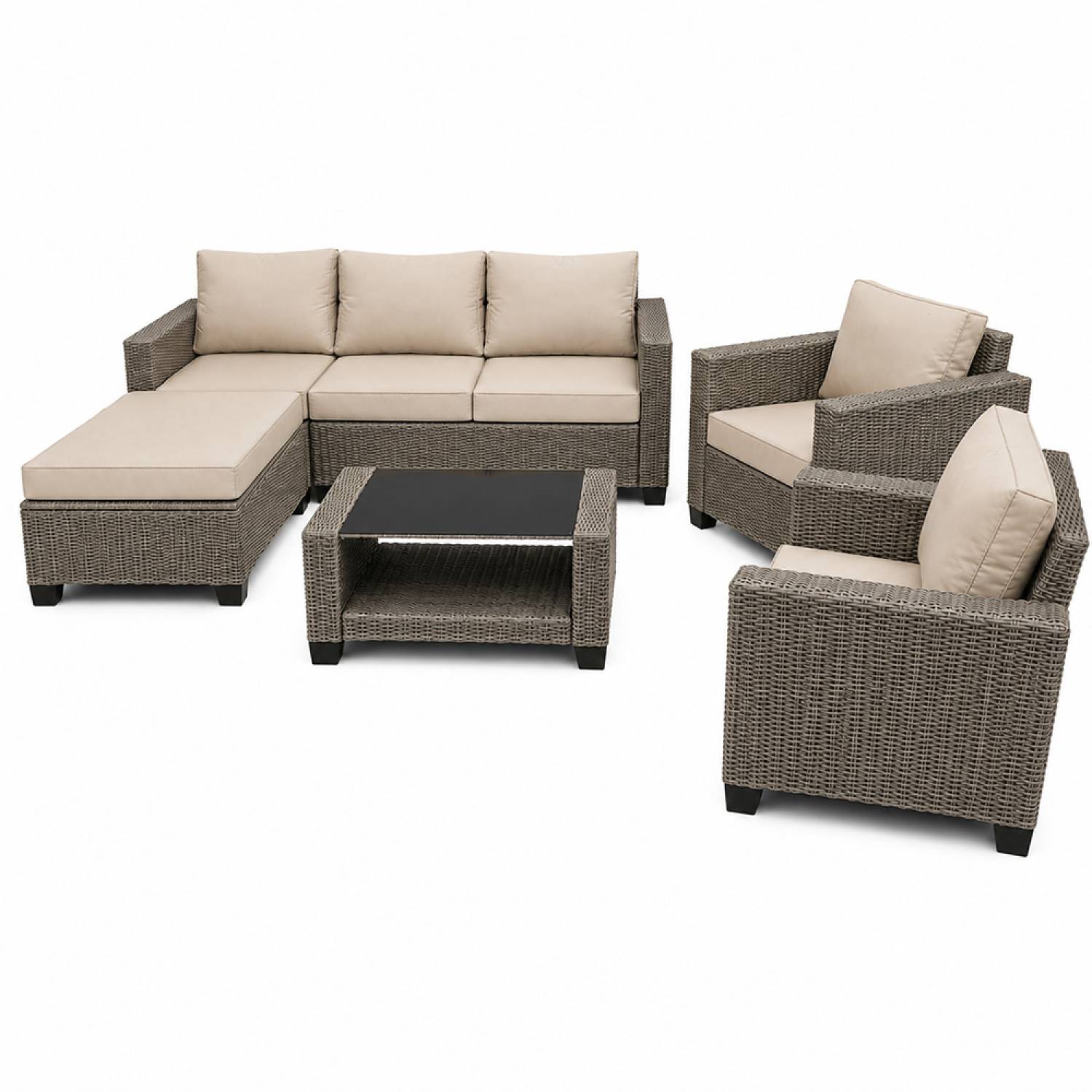 Salon de jardin 6 places modulable en résine tressée gris et beige MARABO - Image 1