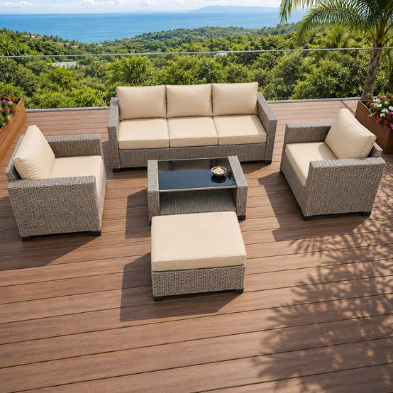 Salon de jardin 6 places modulable en résine tressée gris et beige MARABO - Image 2