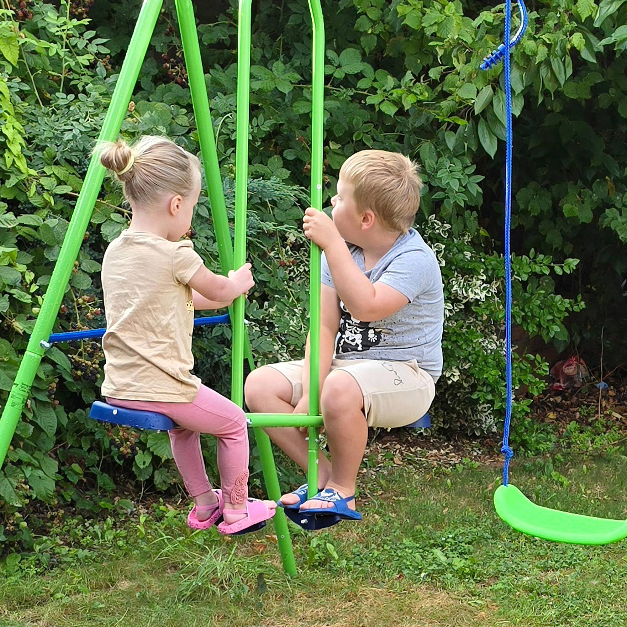 Portique balançoire enfant 3-en-1 avec balançoire face-à-face et 2 sièges, métal extérieur, hauteur réglable, charge 180 kg, dès 3 ans, vert - Image 9