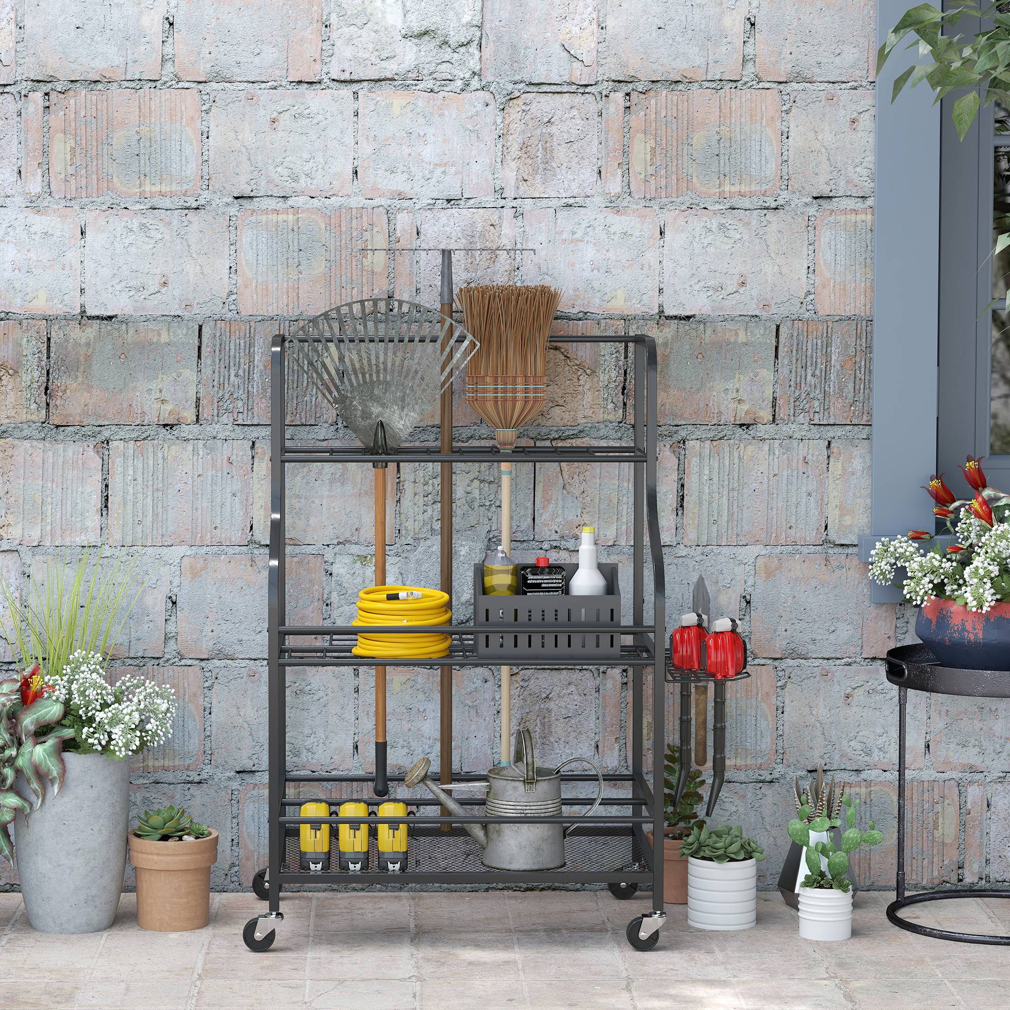 ComfortXL - Porte-outils de jardin acier noir 77 x 40 x 97 cm garage sur roulettes 54 emplacements - ComfortXL Outdoor Living - Image 10