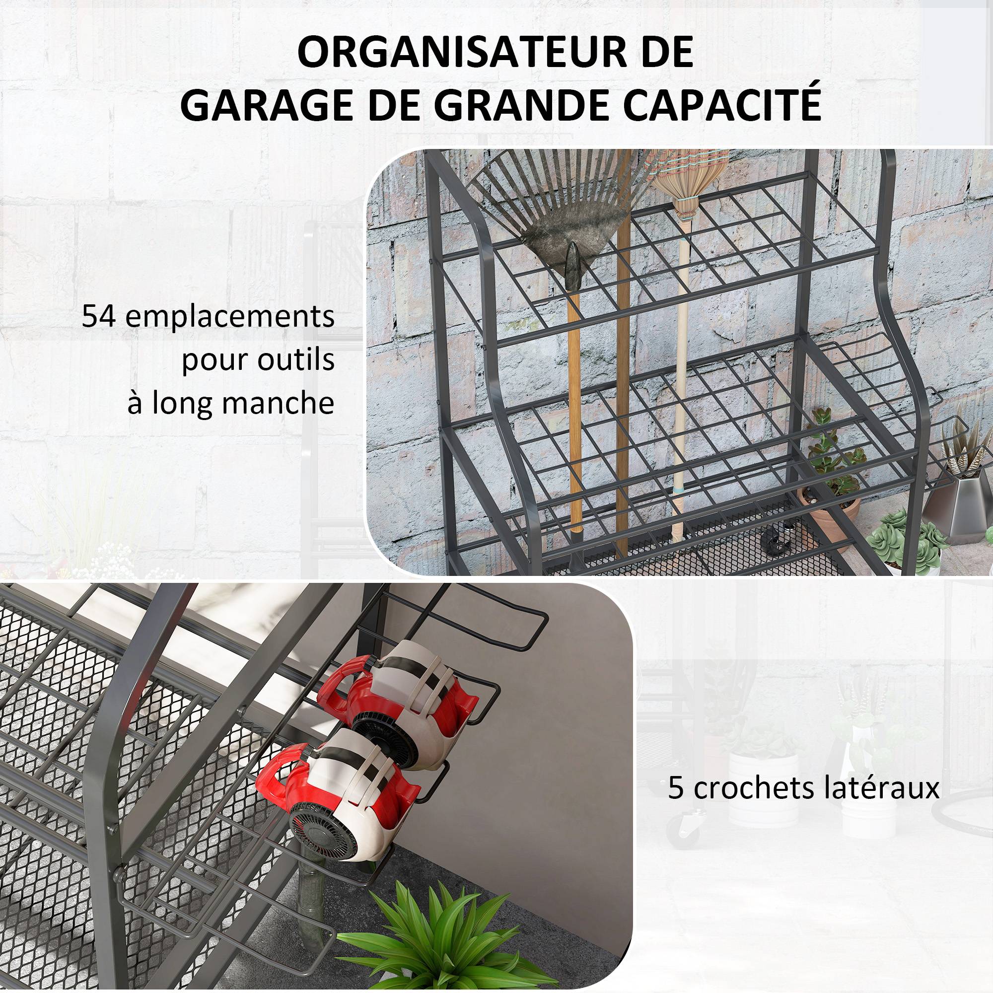 ComfortXL - Porte-outils de jardin acier noir 77 x 40 x 97 cm garage sur roulettes 54 emplacements - ComfortXL Outdoor Living - Image 5