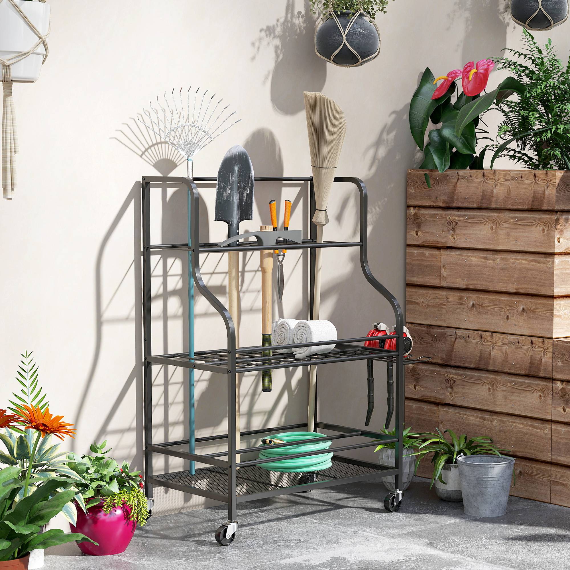 ComfortXL - Porte-outils de jardin acier noir 77 x 40 x 97 cm garage sur roulettes 54 emplacements - ComfortXL Outdoor Living - Image 2