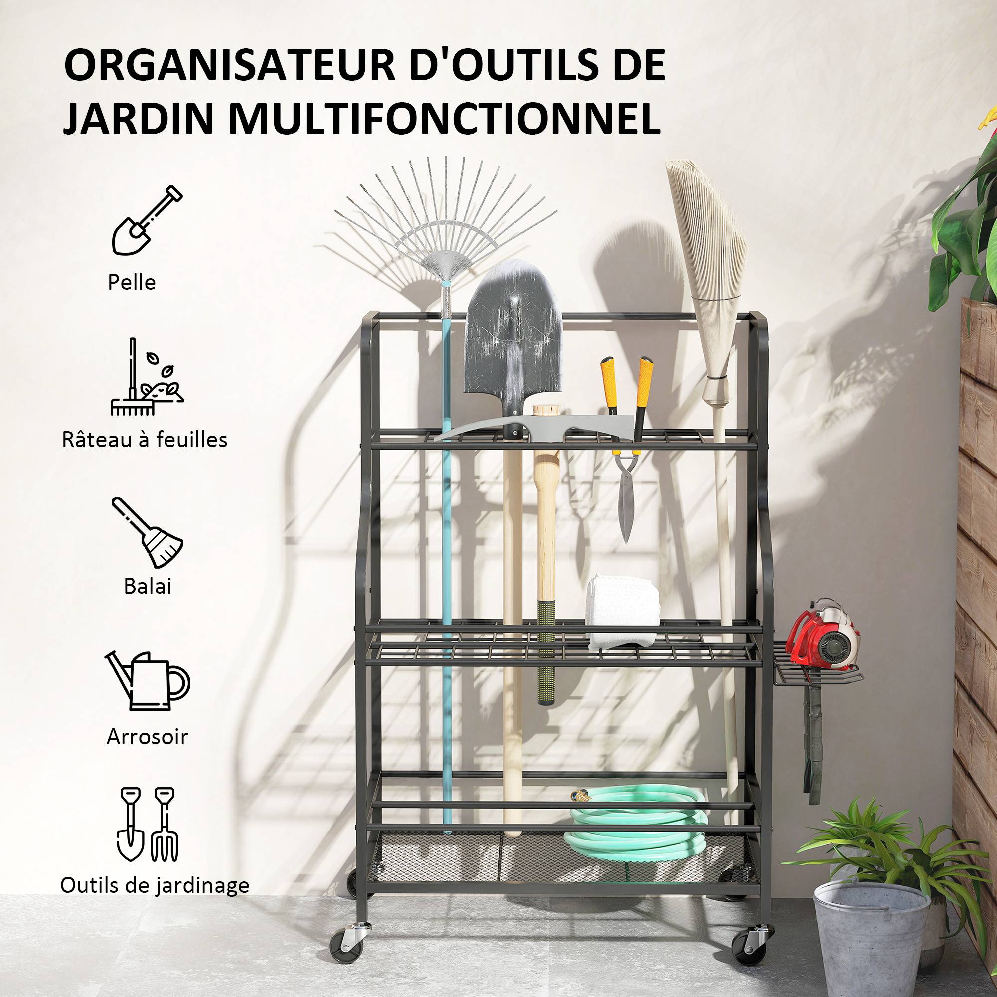 ComfortXL - Porte-outils de jardin acier noir 77 x 40 x 97 cm garage sur roulettes 54 emplacements - ComfortXL Outdoor Living - Image 7