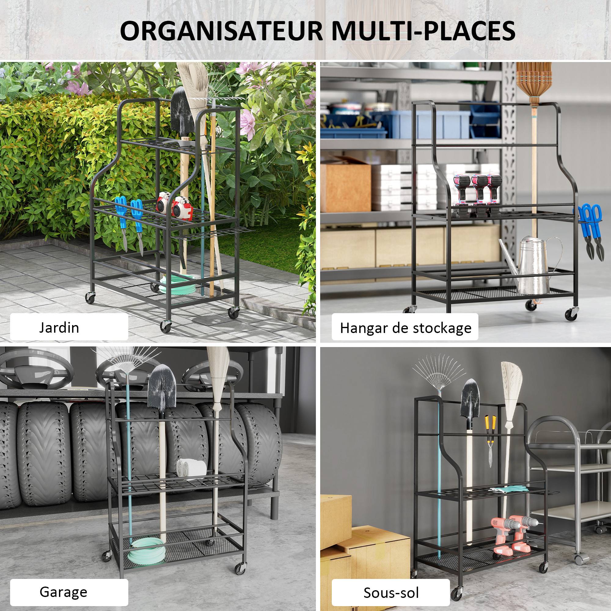ComfortXL - Porte-outils de jardin acier noir 77 x 40 x 97 cm garage sur roulettes 54 emplacements - ComfortXL Outdoor Living - Image 9