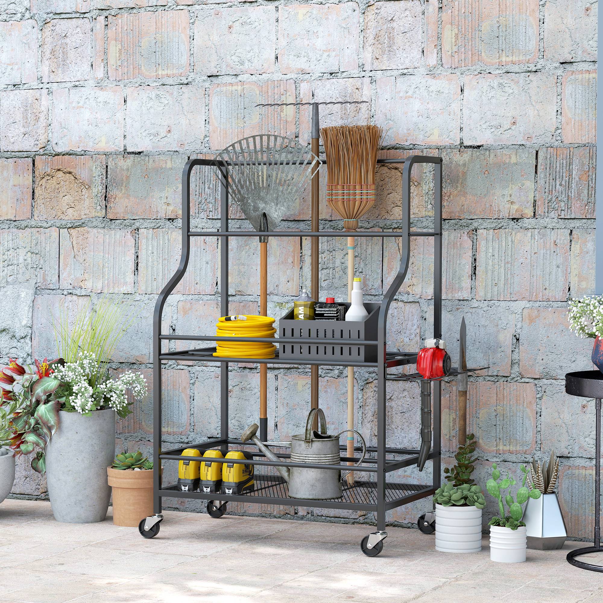 ComfortXL - Porte-outils de jardin acier noir 77 x 40 x 97 cm garage sur roulettes 54 emplacements - ComfortXL Outdoor Living - Image 3