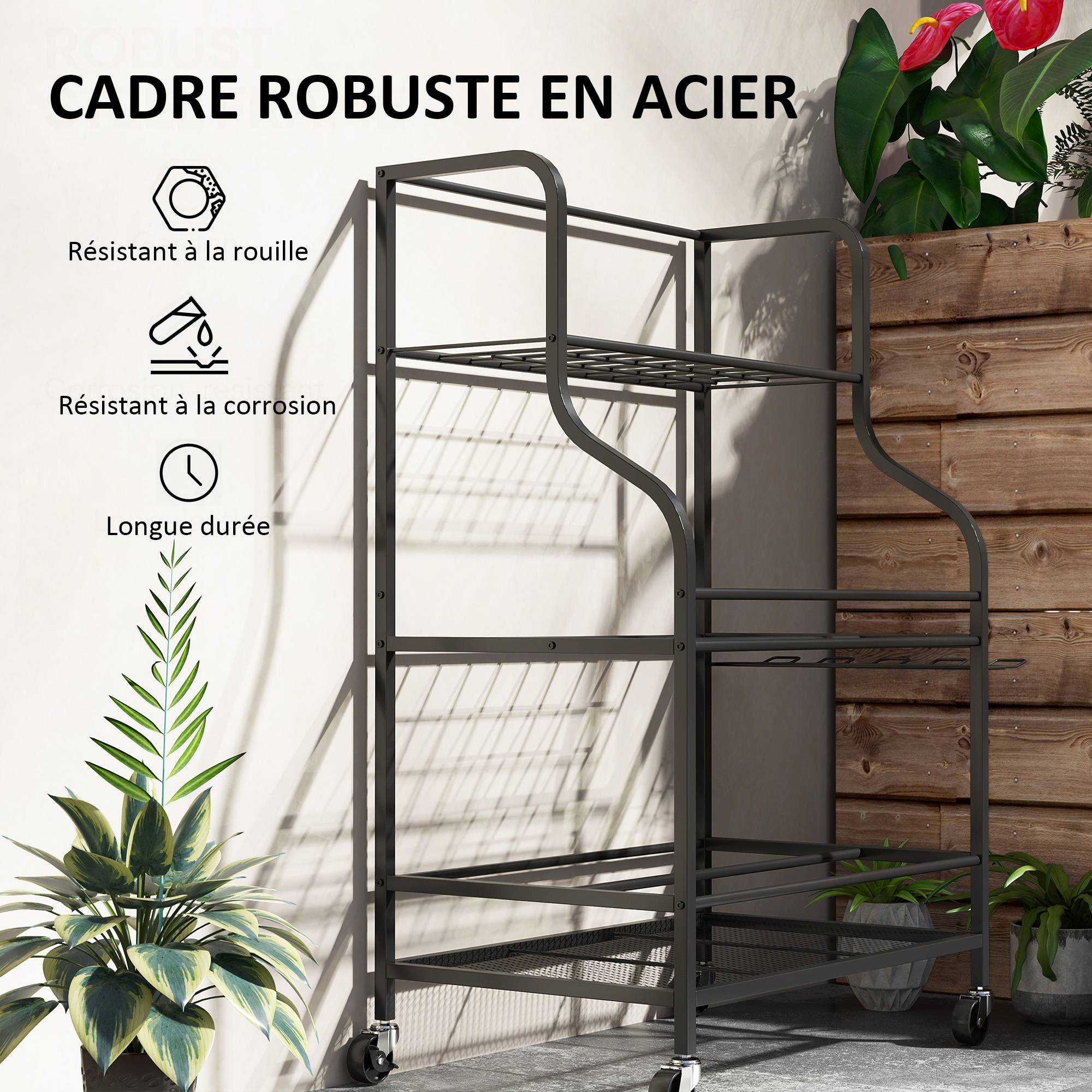 ComfortXL - Porte-outils de jardin acier noir 77 x 40 x 97 cm garage sur roulettes 54 emplacements - ComfortXL Outdoor Living - Image 8