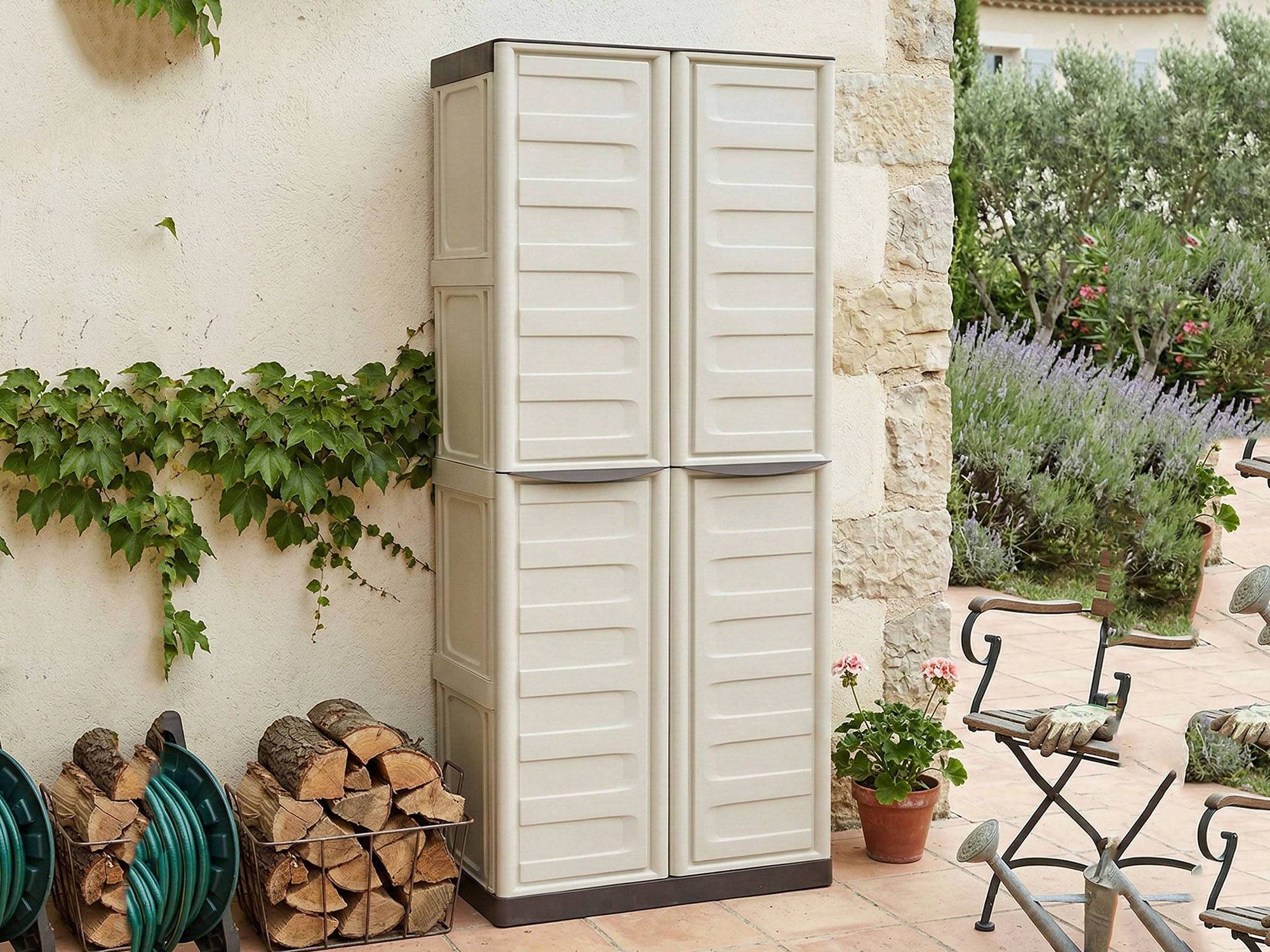 Dmora - Armoire d'extérieur Marchin, Armoire de balcon polyvalente, Armoire d'extérieur 2 portes, Beige et Marron, Finition Rayée, 70x39h165 cm - Dmora - Image 5