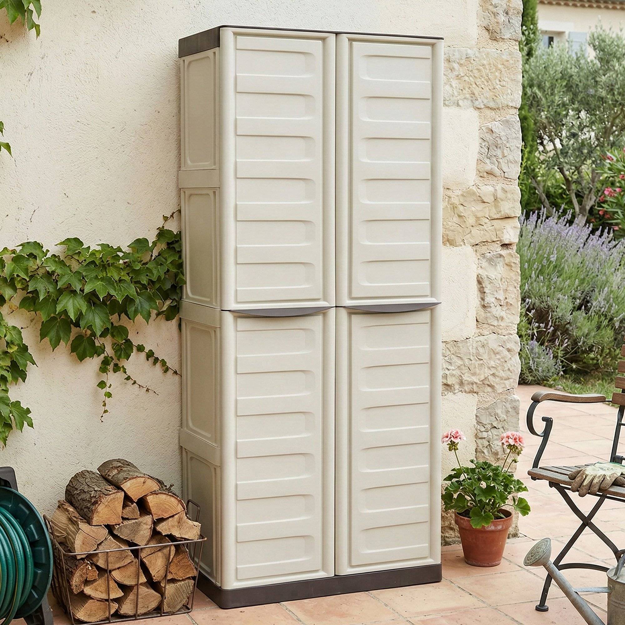 Dmora - Armoire d'extérieur Marchin, Armoire de balcon polyvalente, Armoire d'extérieur 2 portes, Beige et Marron, Finition Rayée, 70x39h165 cm - Dmora - Image 2
