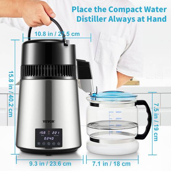 VEVOR Distillateur d'eau 4L, 1.5 L/h, 1750W Acier inox alimentaire, temperature 30-108°C, minuterie Machine a eau distillee. - Image 7