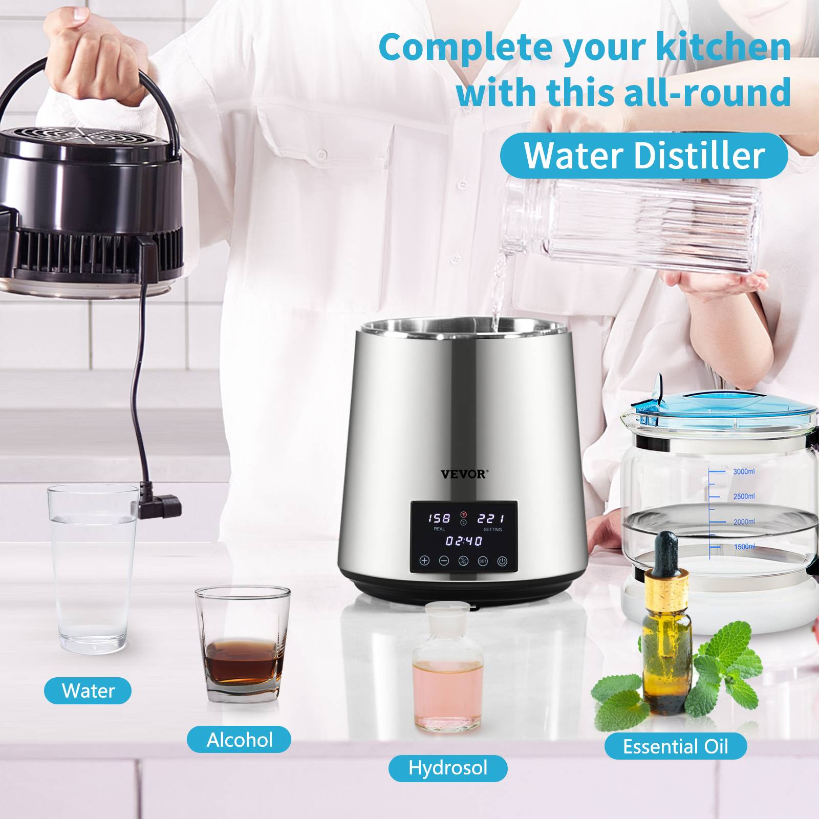 VEVOR Distillateur d'eau 4L, 1.5 L/h, 1750W Acier inox alimentaire, temperature 30-108°C, minuterie Machine a eau distillee. - Image 2
