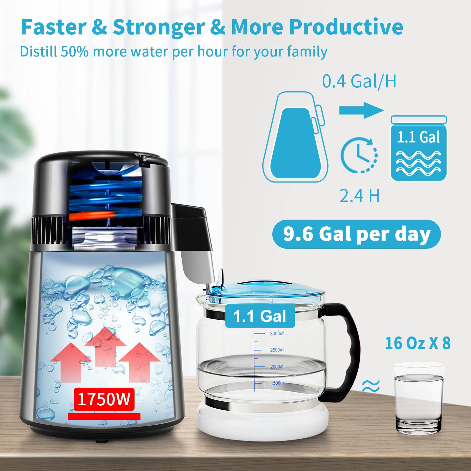 VEVOR Distillateur d'eau 4L, 1.5 L/h, 1750W Acier inox alimentaire, temperature 30-108°C, minuterie Machine a eau distillee. - Image 3