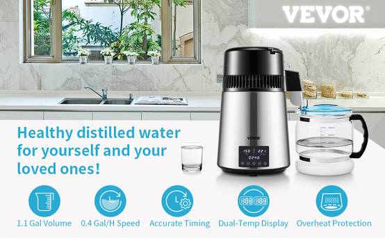 VEVOR Distillateur d'eau 4L, 1.5 L/h, 1750W Acier inox alimentaire, temperature 30-108°C, minuterie Machine a eau distillee. - Image 9