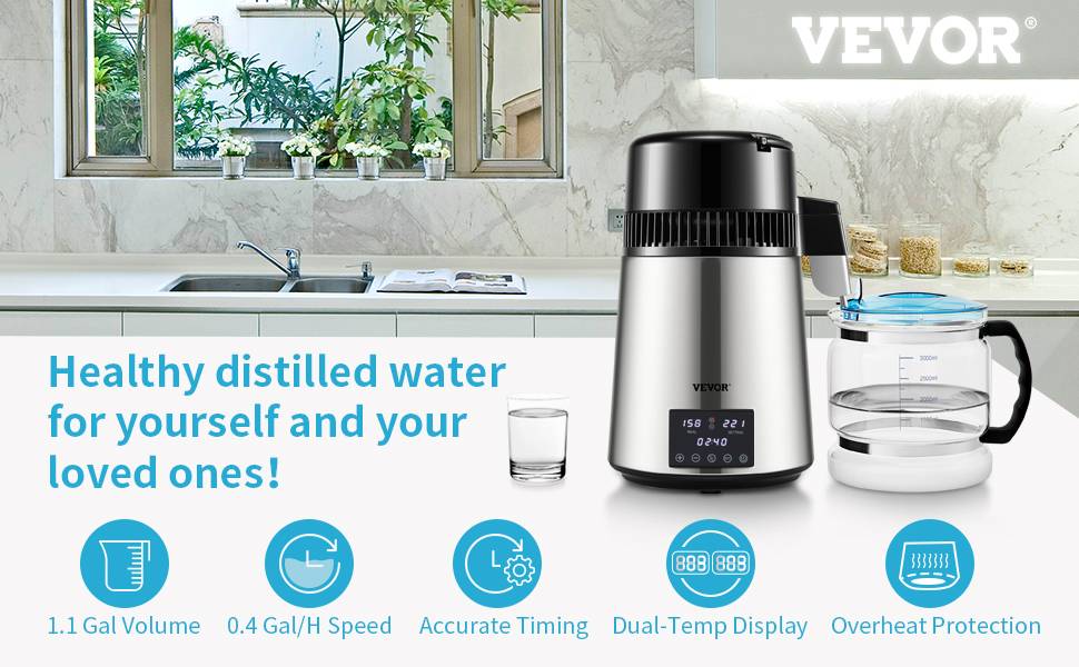VEVOR Distillateur d'eau 4L, 1.5 L/h, 1750W Acier inox alimentaire, temperature 30-108°C, minuterie Machine a eau distillee. - Image 9