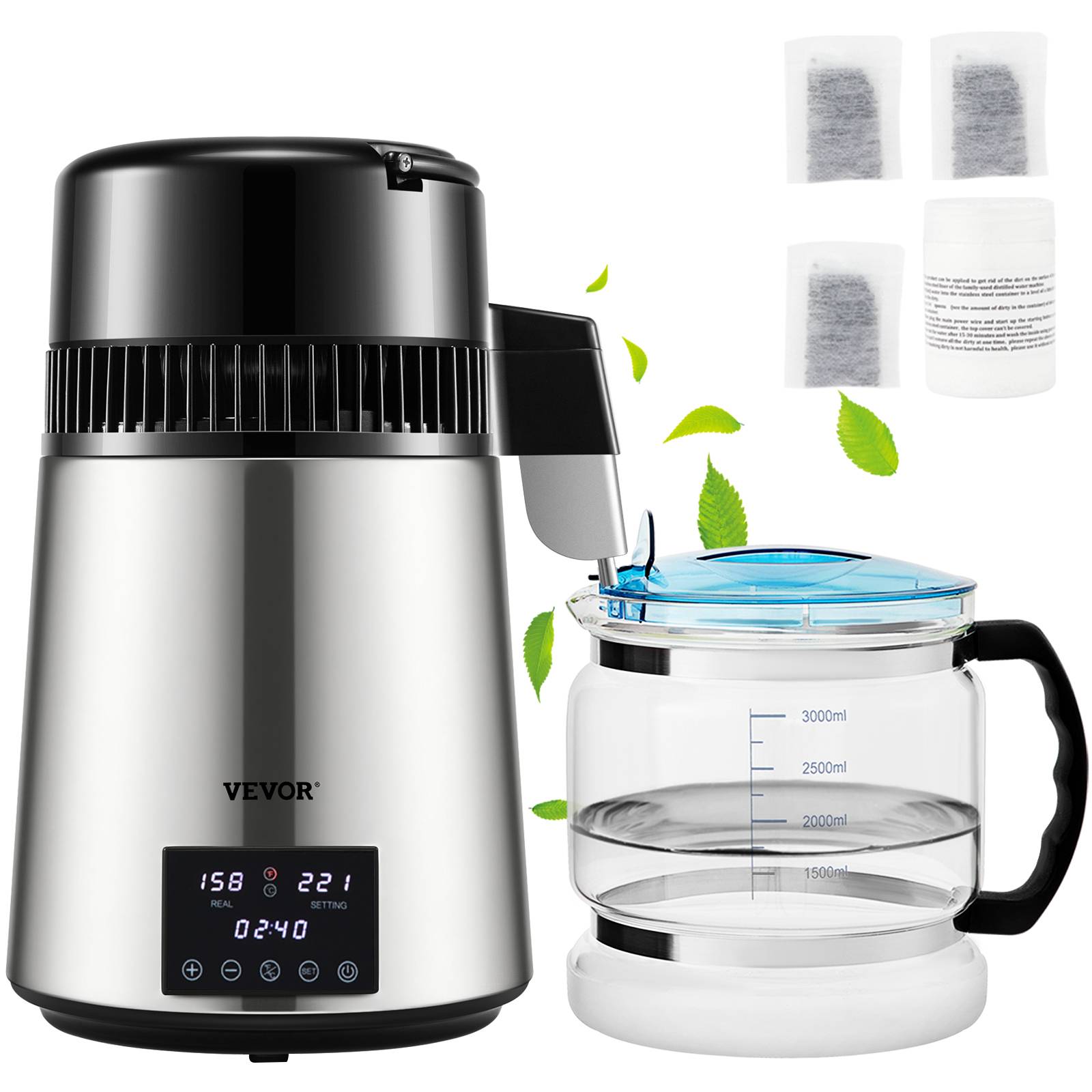 VEVOR Distillateur d'eau 4L, 1.5 L/h, 1750W Acier inox alimentaire, temperature 30-108°C, minuterie Machine a eau distillee. - Image 1