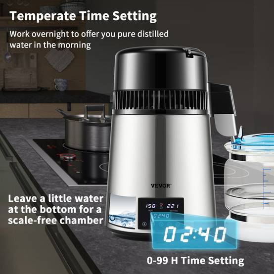 VEVOR Distillateur d'eau 4L, 1.5 L/h, 1750W Acier inox alimentaire, temperature 30-108°C, minuterie Machine a eau distillee. - Image 4
