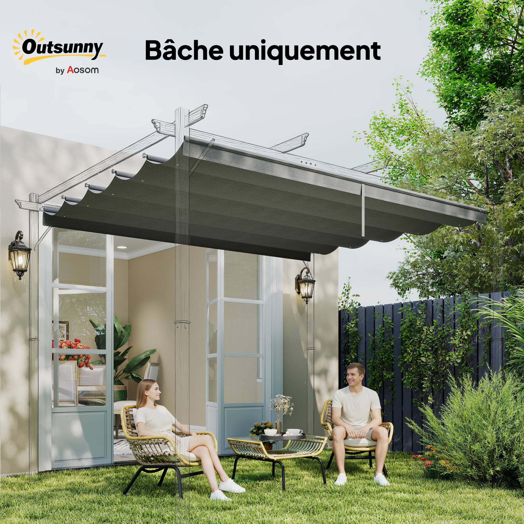 Outsunny - Toile de toit pergola tonnelle rétractable 3x3m toile gris clair - Outsunny - Image 6