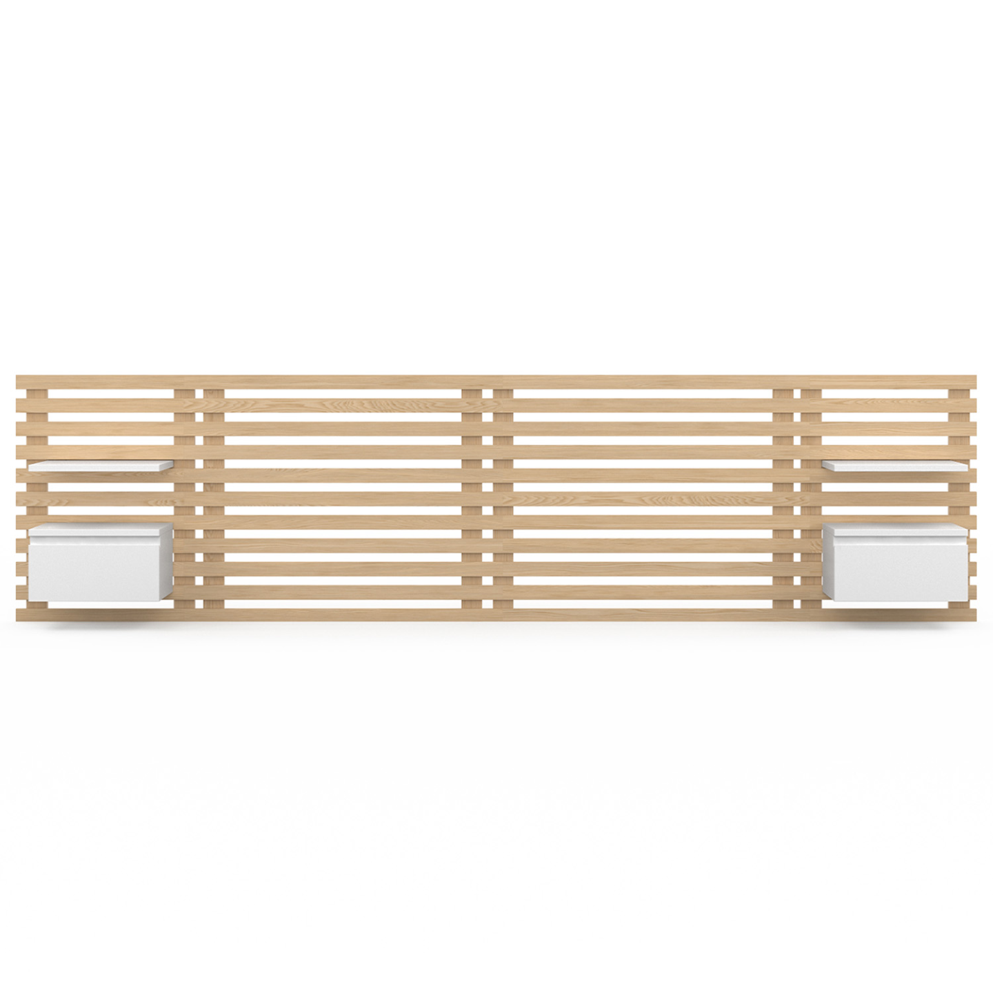 Tête de lit suspendue en lattes AVA 240 cm avec chevets + tiroir façon bois clair et blanc - Image 3