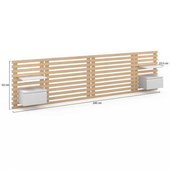 Tête de lit suspendue en lattes AVA 240 cm avec chevets + tiroir façon bois clair et blanc - Image 5
