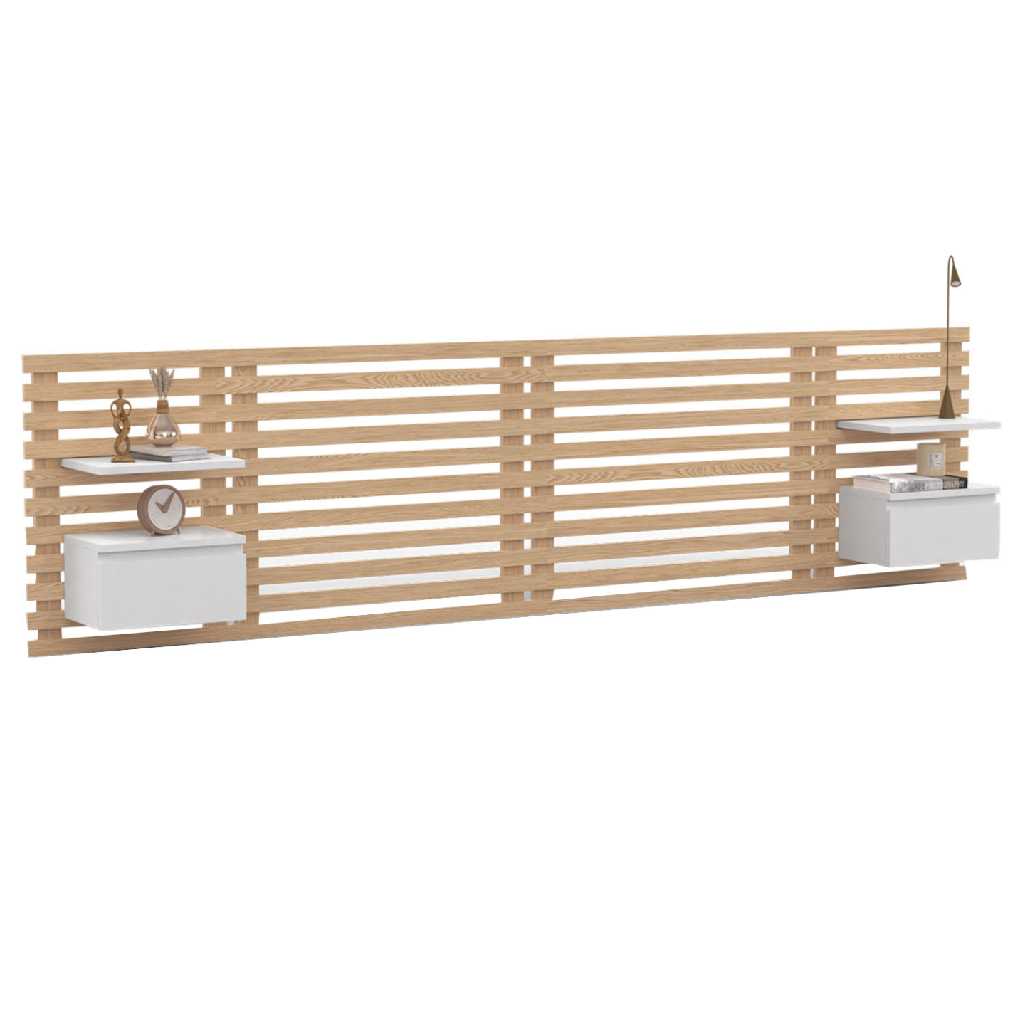 Tête de lit suspendue en lattes AVA 240 cm avec chevets + tiroir façon bois clair et blanc - Image 2