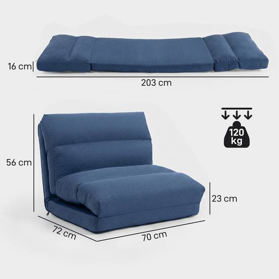 Fauteuil de sol canapé paresseux fauteuil convertible en lit inclinable 90° à 180° tissu - 70 x 72 x 56 cm - bleu foncé - Image 5