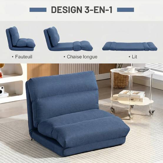 Fauteuil de sol canapé paresseux fauteuil convertible en lit inclinable 90° à 180° tissu - 70 x 72 x 56 cm - bleu foncé - Image 6