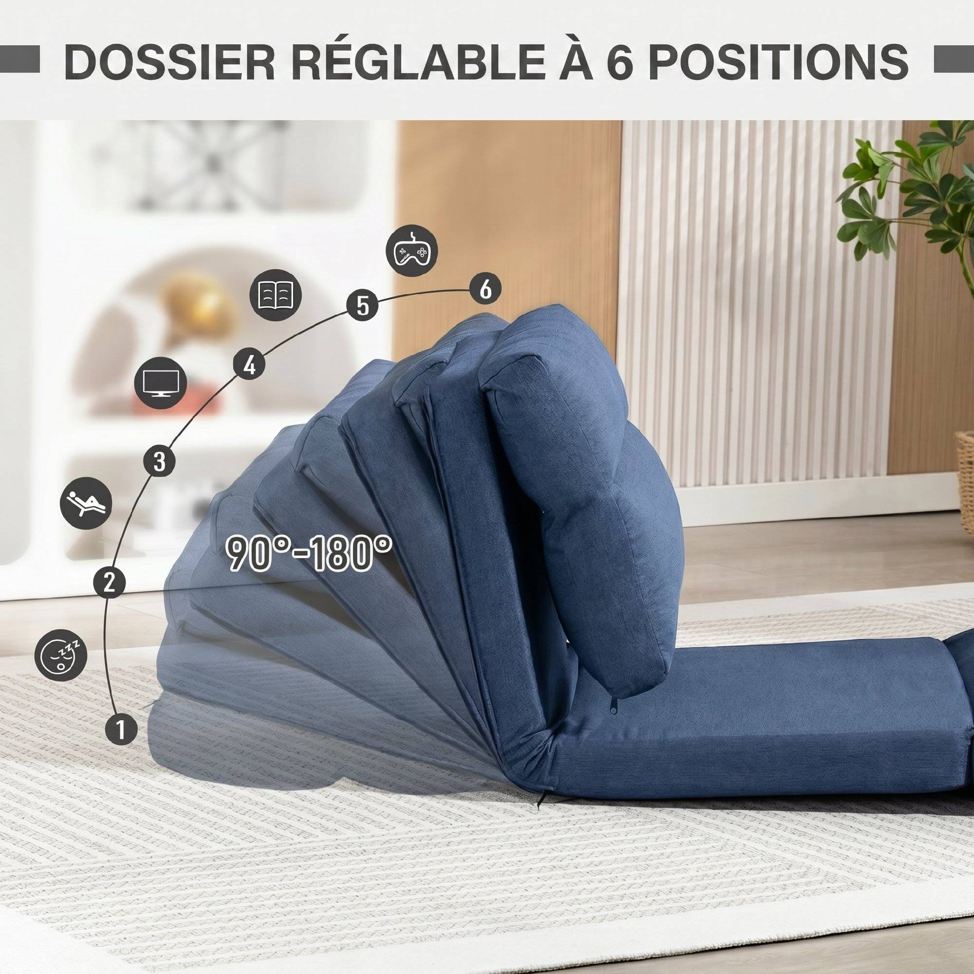 Fauteuil de sol canapé paresseux fauteuil convertible en lit inclinable 90° à 180° tissu - 70 x 72 x 56 cm - bleu foncé - Image 7