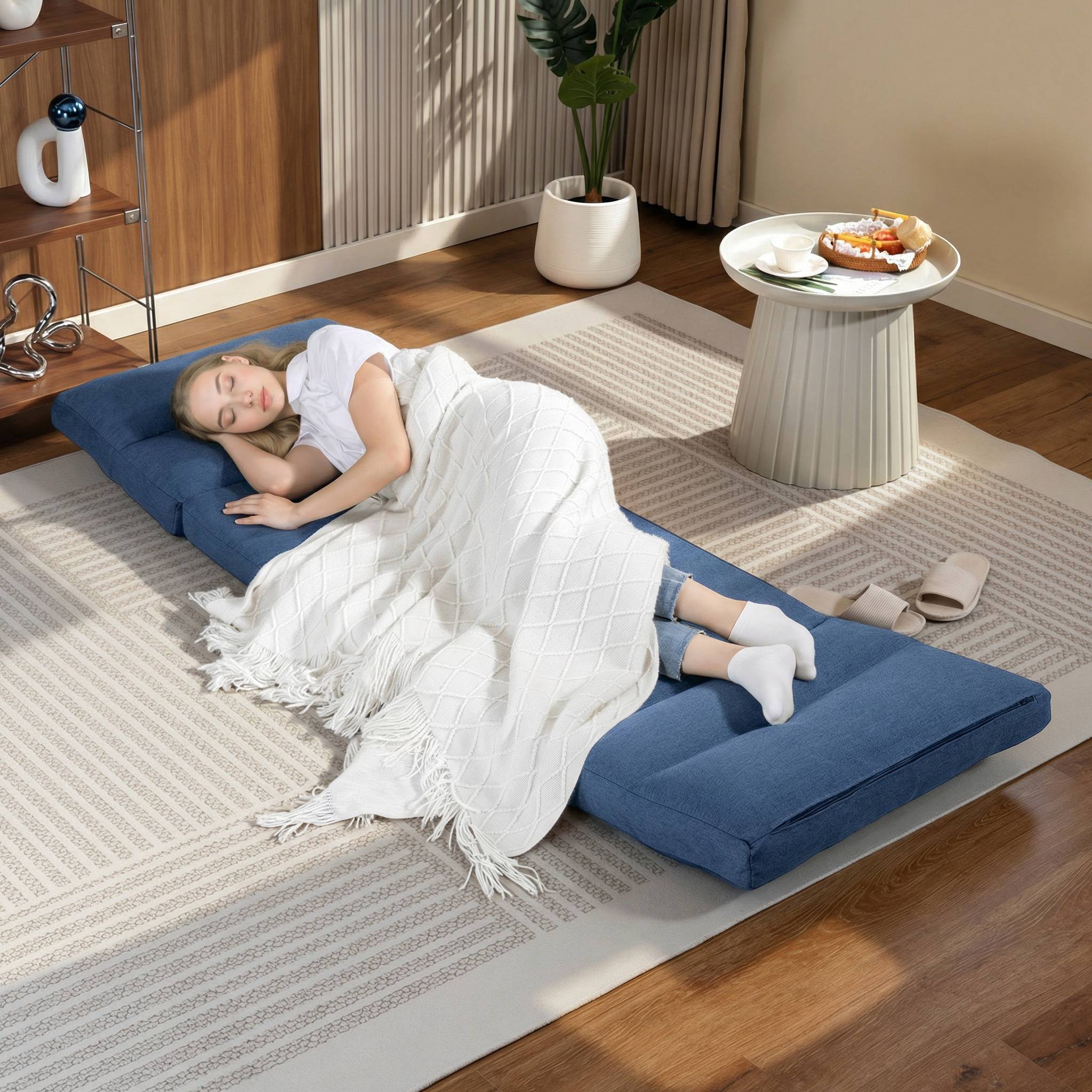 Fauteuil de sol canapé paresseux fauteuil convertible en lit inclinable 90° à 180° tissu - 70 x 72 x 56 cm - bleu foncé - Image 9