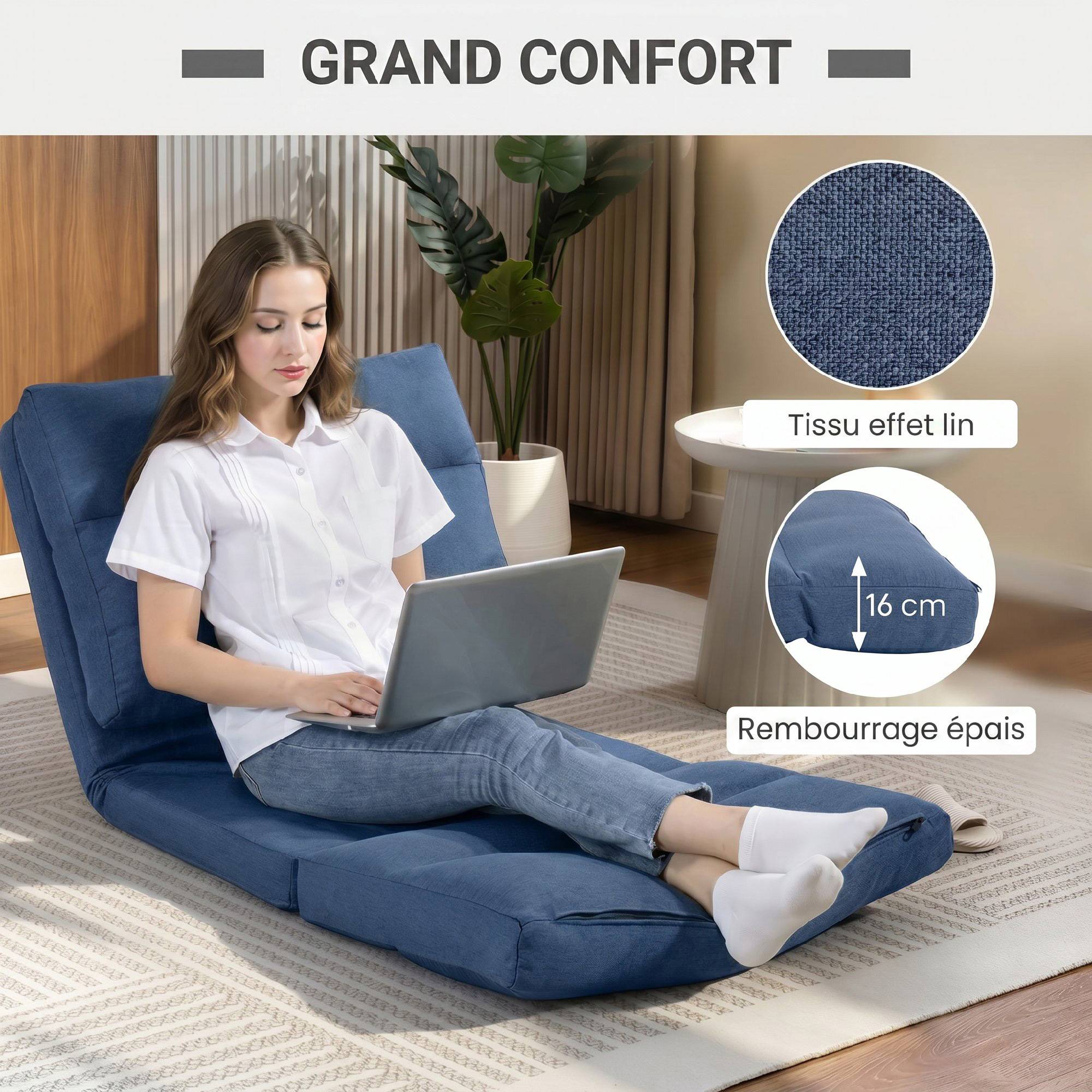 Fauteuil de sol canapé paresseux fauteuil convertible en lit inclinable 90° à 180° tissu - 70 x 72 x 56 cm - bleu foncé - Image 8