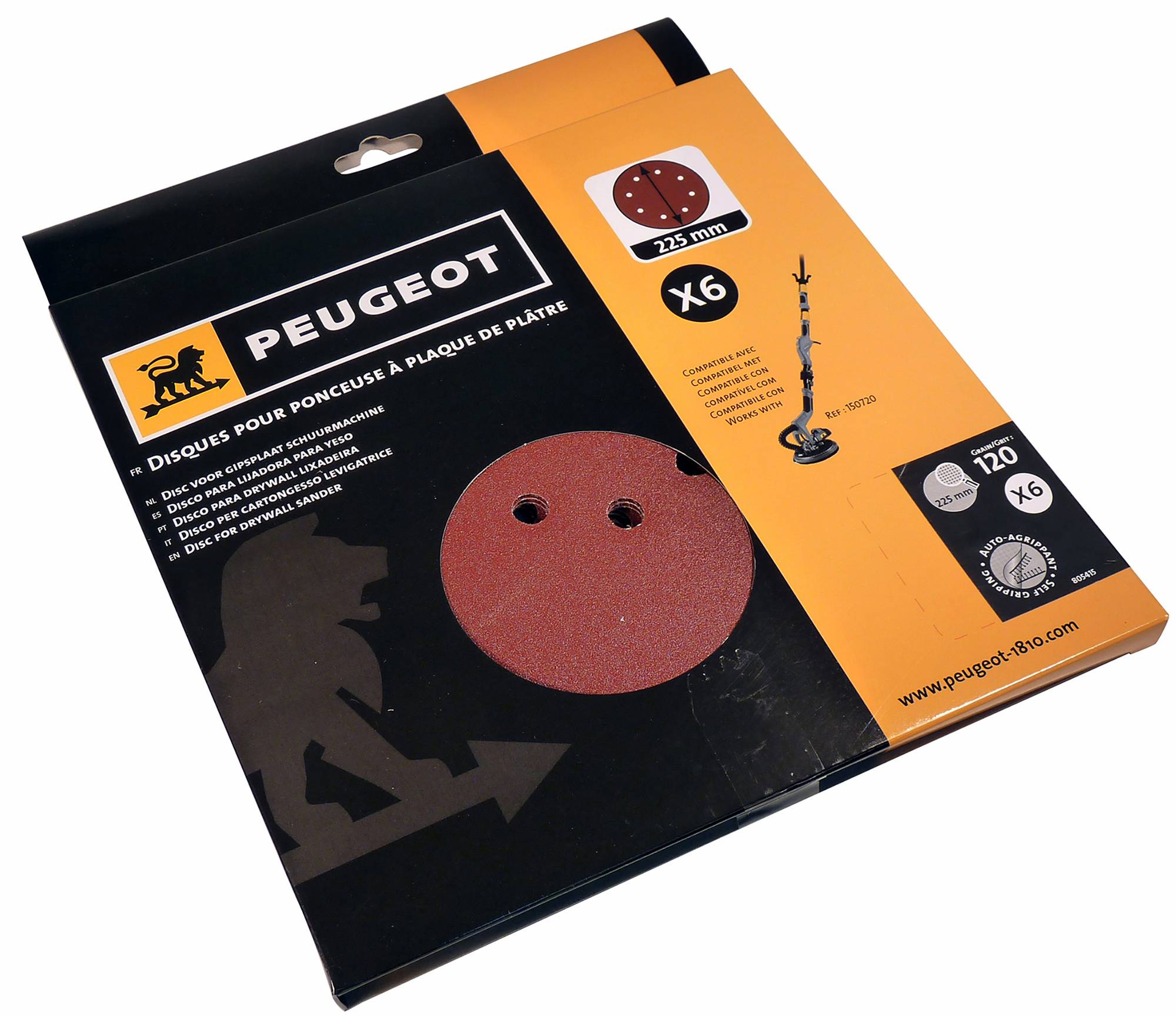 Jeu de 6 abrasifs plâtre D225mm à 8 trous grain 120 - PEUGEOT OUTILLAGE - 805415 - Image 2