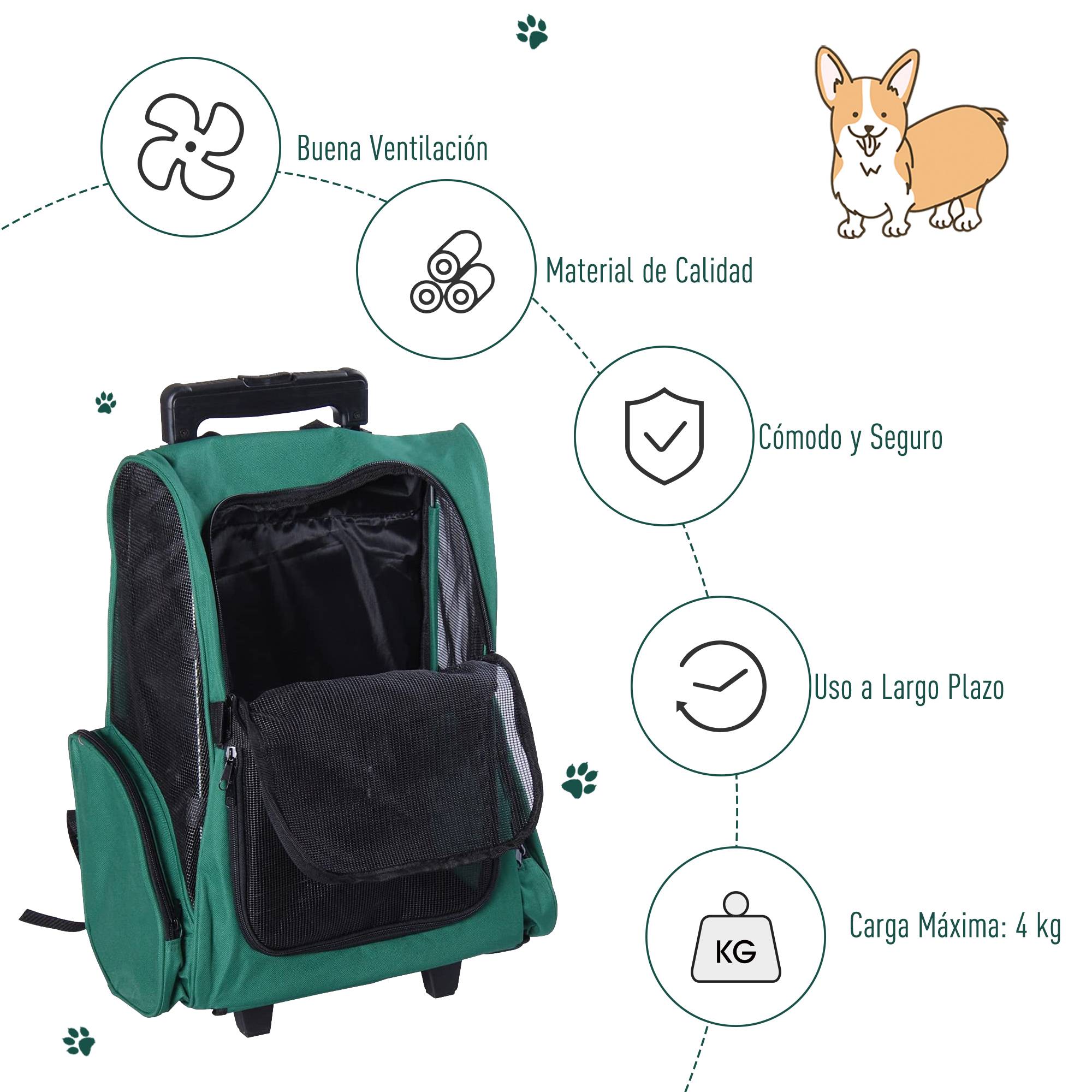 Sac à dos ou trolley de transport 2 en 1 pour chiens et chats, avec 2 roues, poignée rétractable en aluminium et poches, 42 x 25 x 55 cm, vert - Image 8