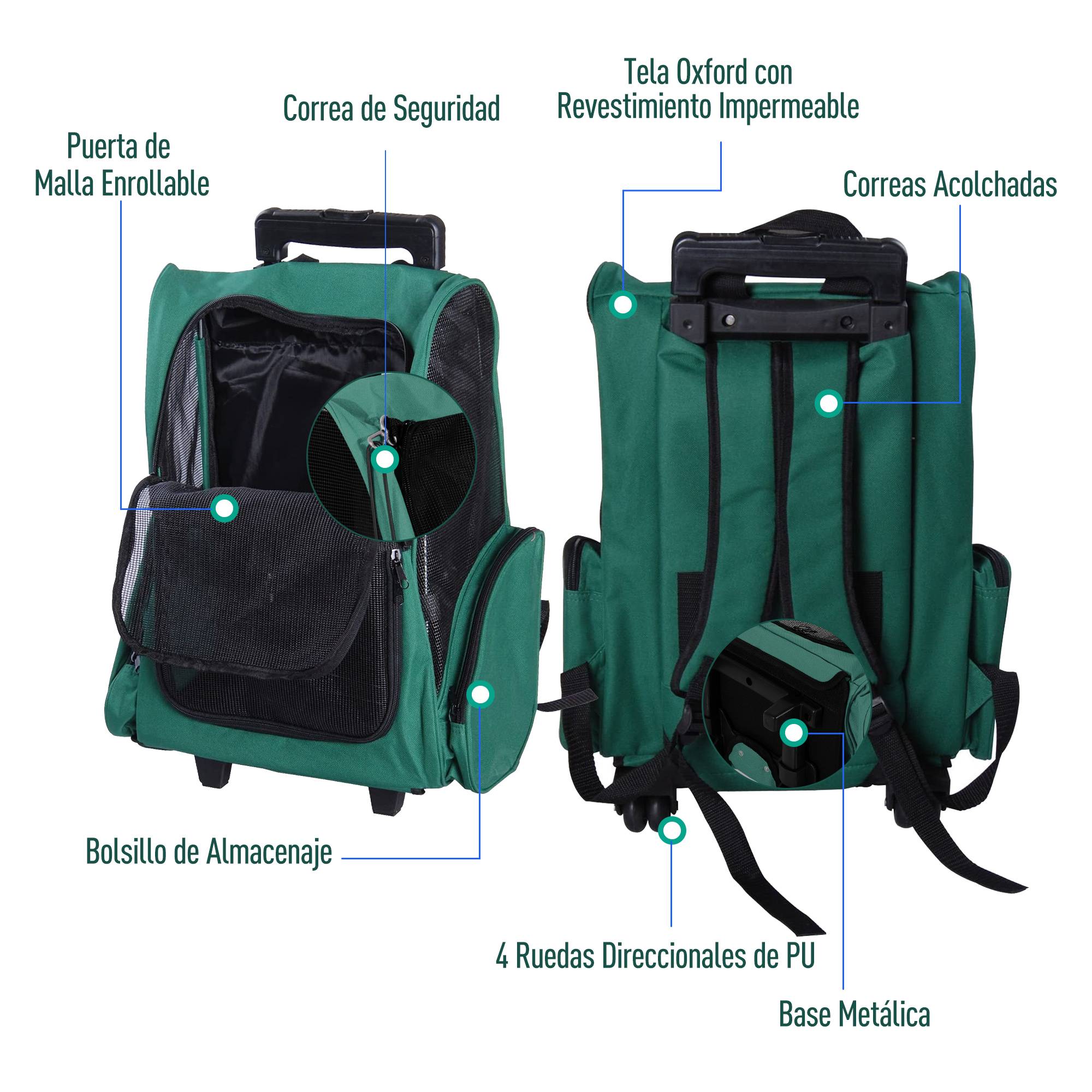 Sac à dos ou trolley de transport 2 en 1 pour chiens et chats, avec 2 roues, poignée rétractable en aluminium et poches, 42 x 25 x 55 cm, vert - Image 9