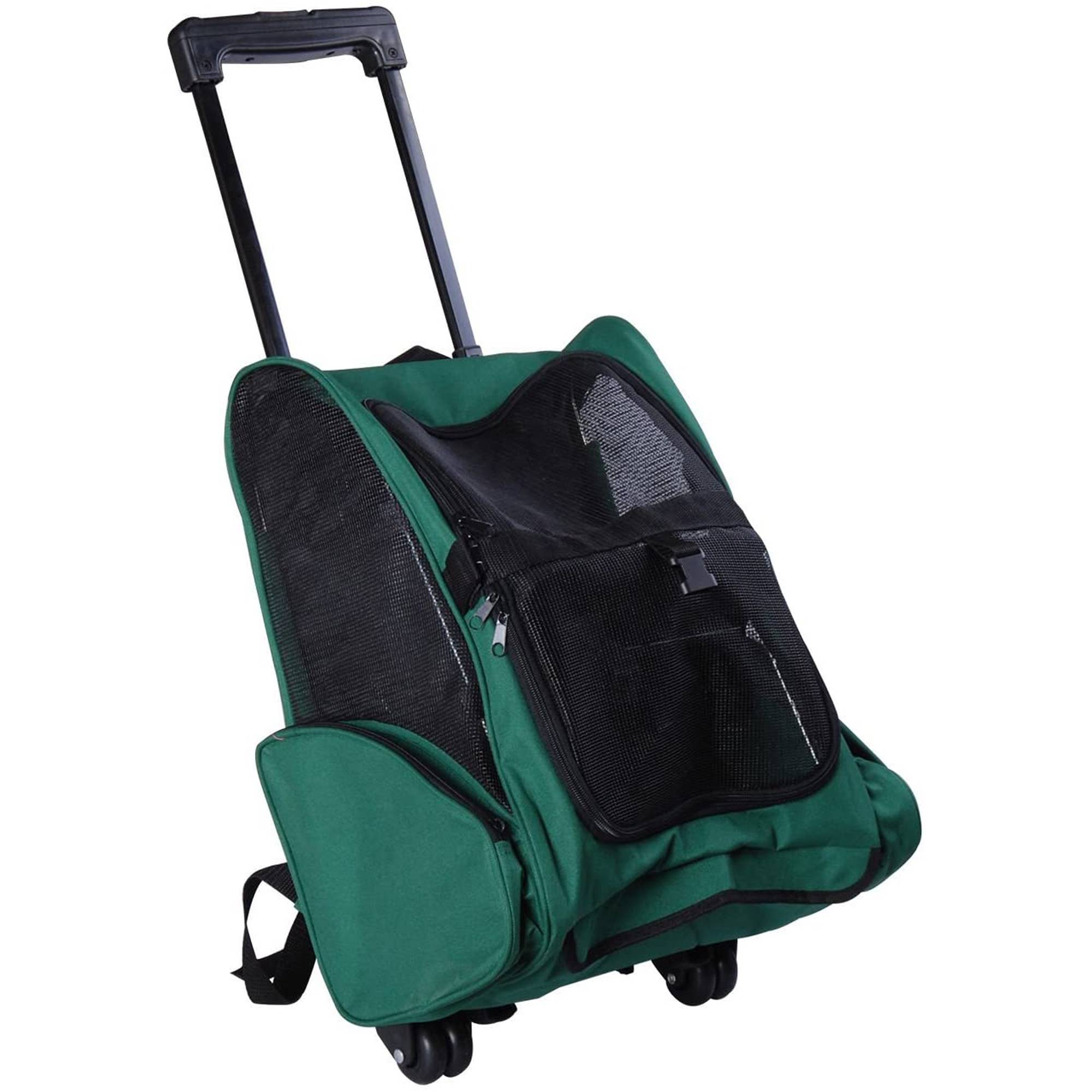 Sac à dos ou trolley de transport 2 en 1 pour chiens et chats, avec 2 roues, poignée rétractable en aluminium et poches, 42 x 25 x 55 cm, vert - Image 2