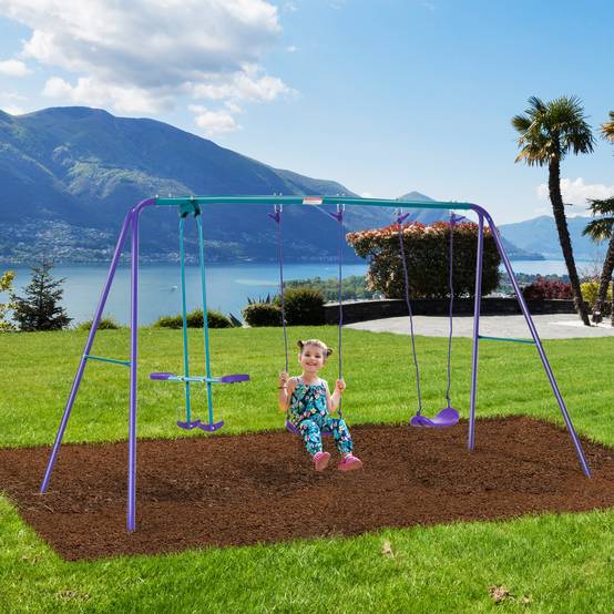 Portique jardin violet et bleu structure métallique hauteur modulable 2 balançoires et bascule 280 × 140 × 176 cm - Image 4