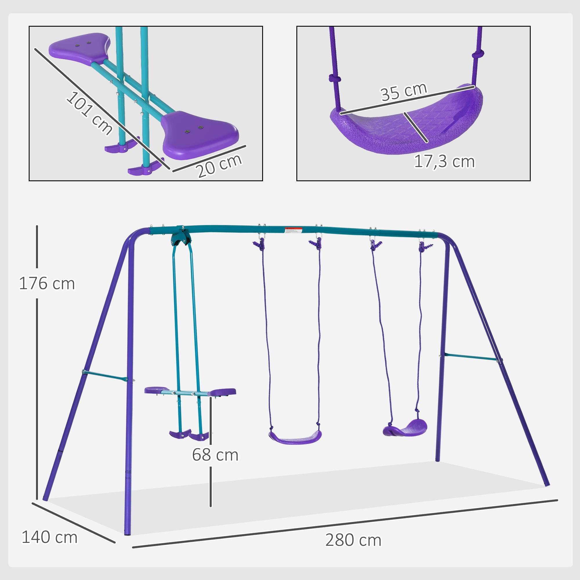 Portique jardin violet et bleu structure métallique hauteur modulable 2 balançoires et bascule 280 × 140 × 176 cm - Image 5