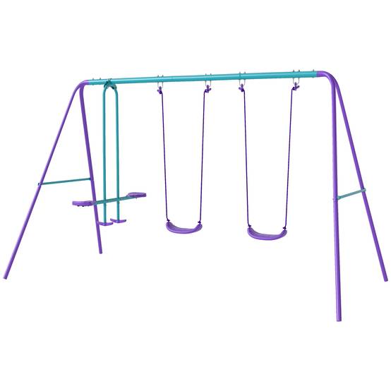 Portique jardin violet et bleu structure métallique hauteur modulable 2 balançoires et bascule 280 × 140 × 176 cm - Image 2