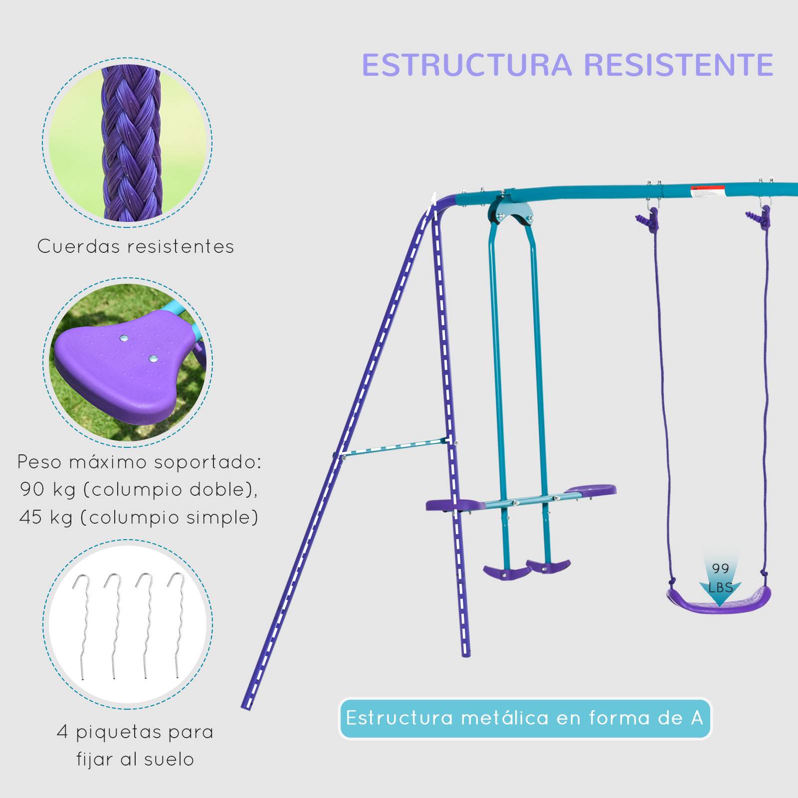 Portique jardin violet et bleu structure métallique hauteur modulable 2 balançoires et bascule 280 × 140 × 176 cm - Image 7