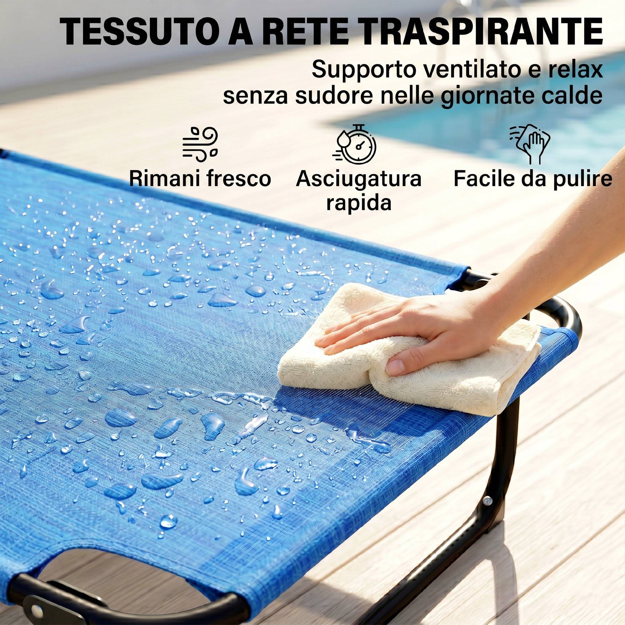 Chaise longue de jardin pliante avec dossier réglable, coussin et ouverture pour le visage, bleu foncé - Image 8