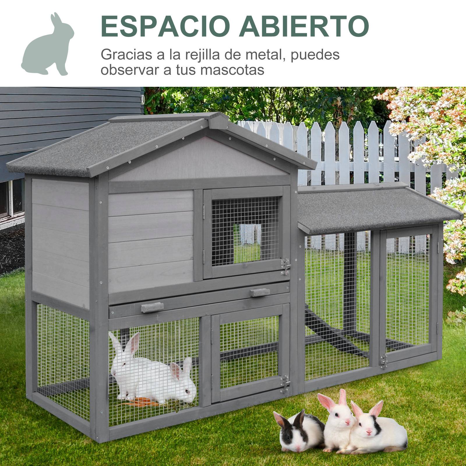 Sans Marque - Clapier extérieur bois bac amovible rampe antidérapante 147x54x84 cm gris - Image 5