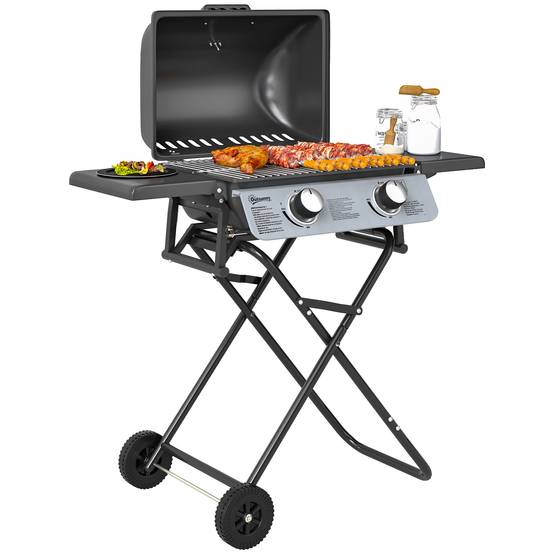 Barbecue gaz transportable, 2 brûleurs 5,6 kW, barbecue gaz de camping avec étagères latérales thermomètre et roues, noir - Image 1