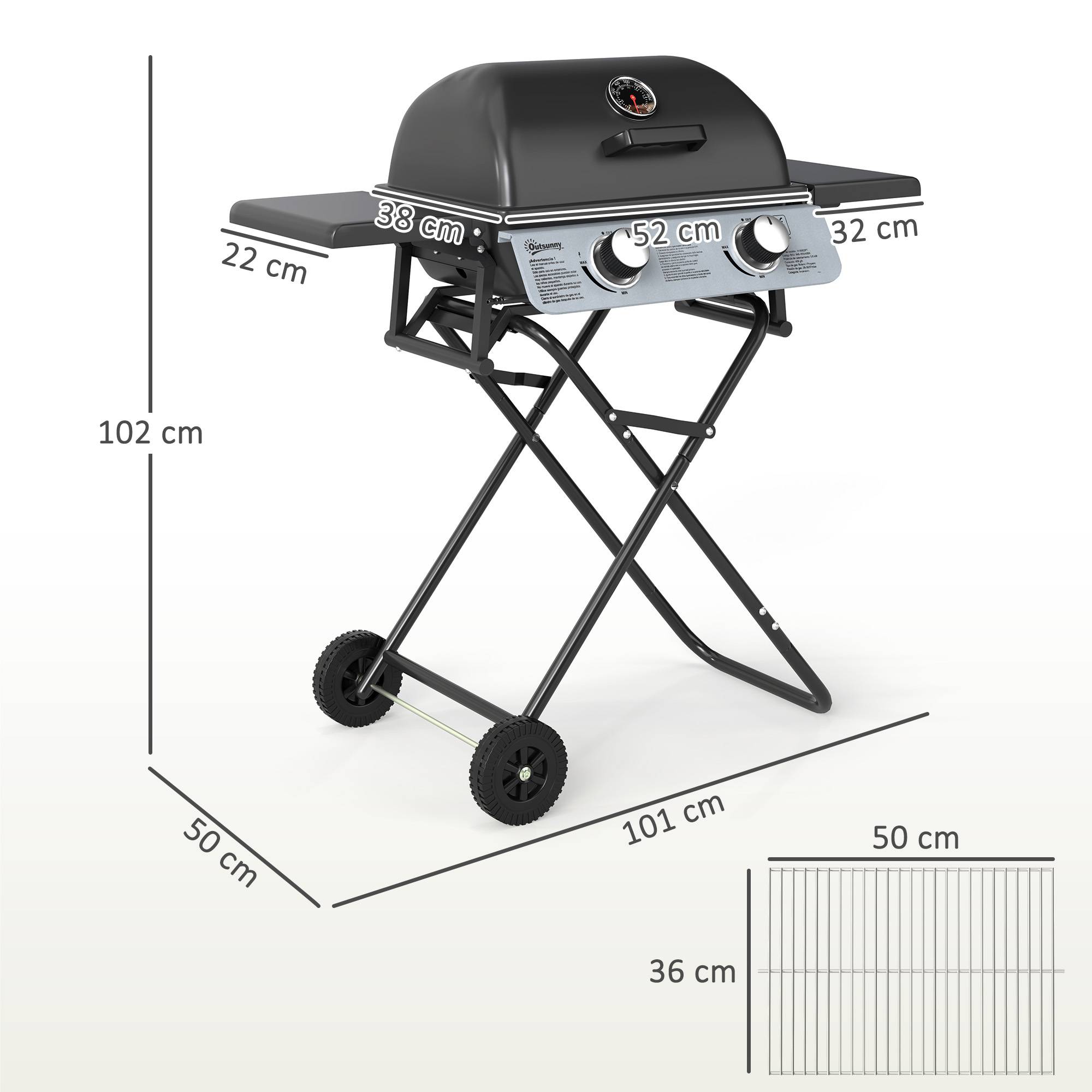 Barbecue gaz transportable, 2 brûleurs 5,6 kW, barbecue gaz de camping avec étagères latérales thermomètre et roues, noir - Image 5