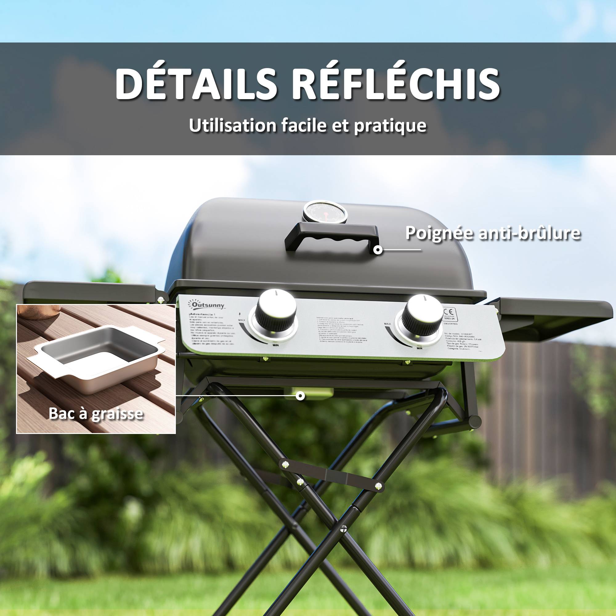 Barbecue gaz transportable, 2 brûleurs 5,6 kW, barbecue gaz de camping avec étagères latérales thermomètre et roues, noir - Image 9